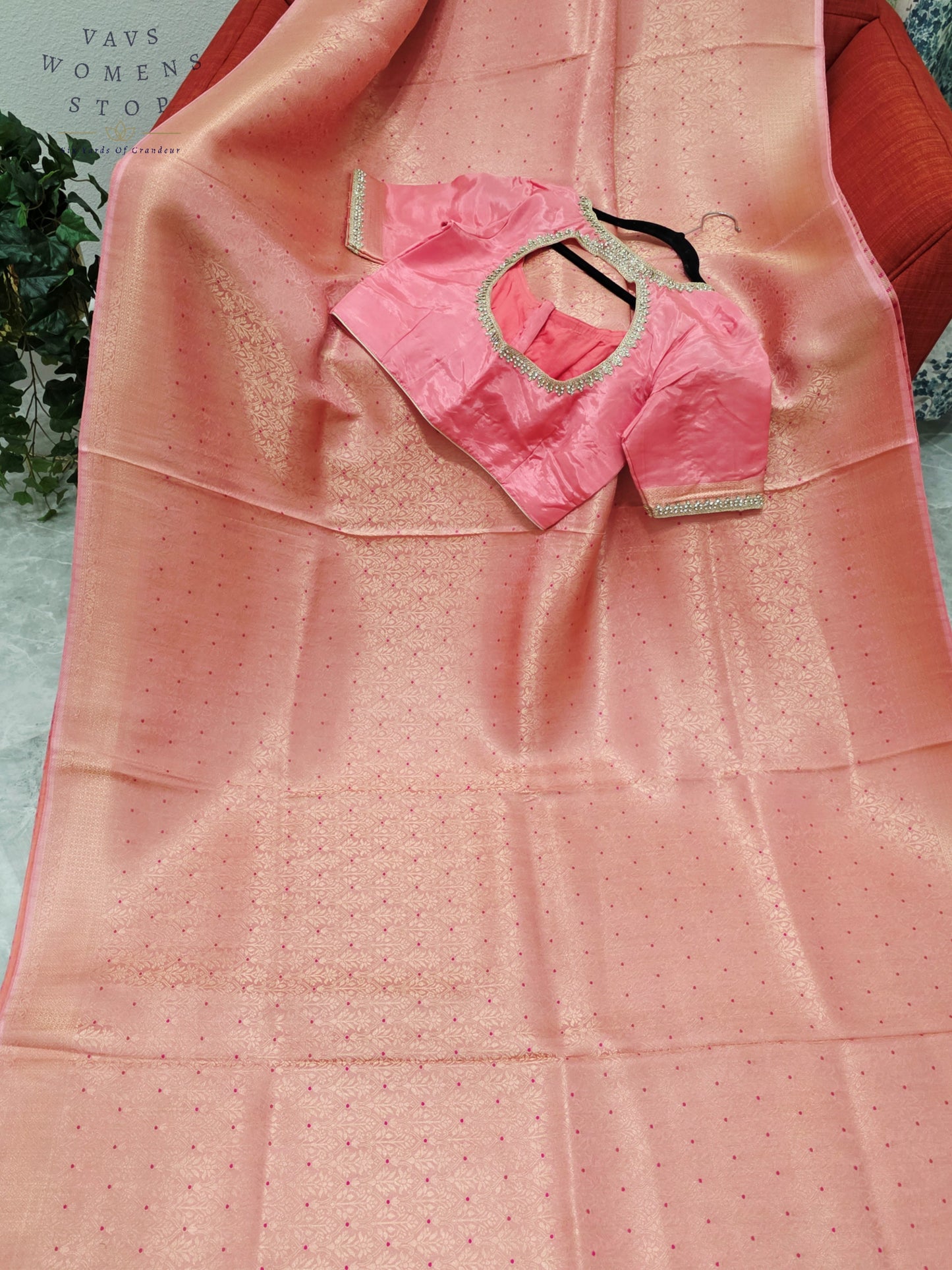 Royal Blush Coral Pink HO Crepe Silk Saree with Designer Stitched Blouse