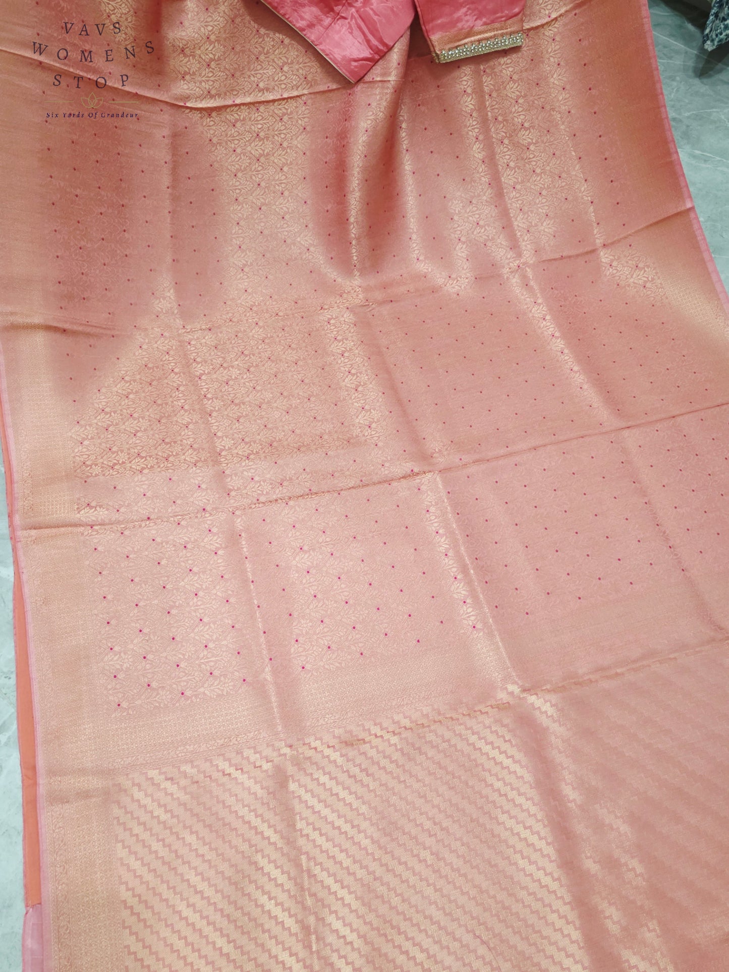 Royal Blush Coral Pink HO Crepe Silk Saree with Designer Stitched Blouse