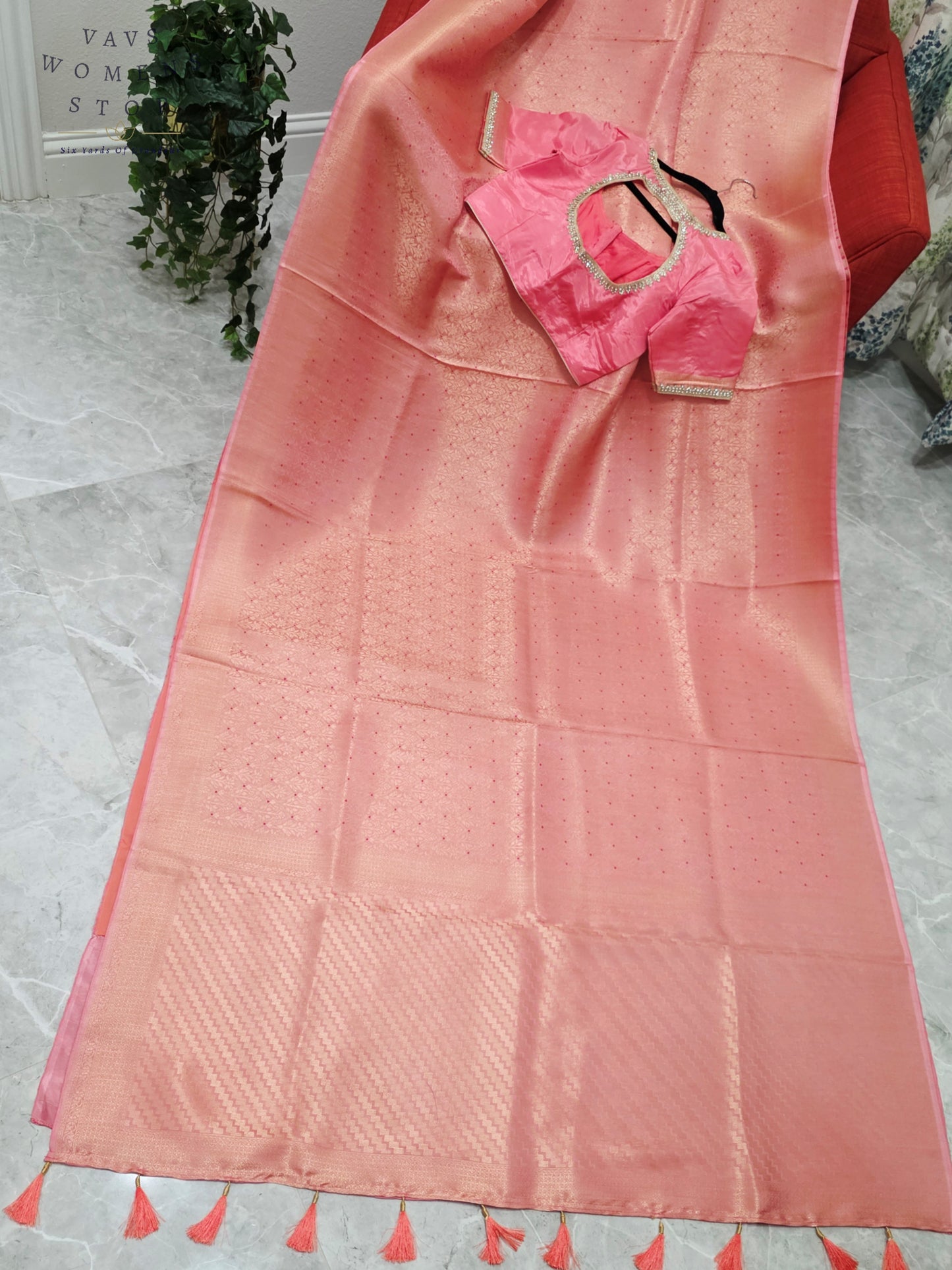 Royal Blush Coral Pink HO Crepe Silk Saree with Designer Stitched Blouse