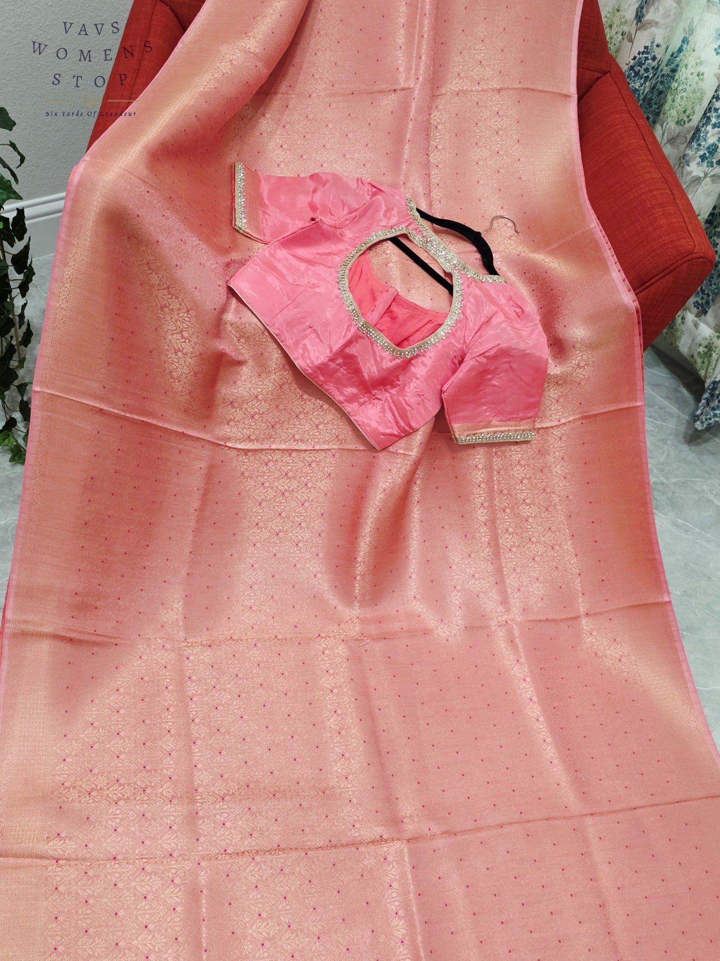 Royal Blush Coral Pink HO Crepe Silk Saree with Designer Stitched Blouse