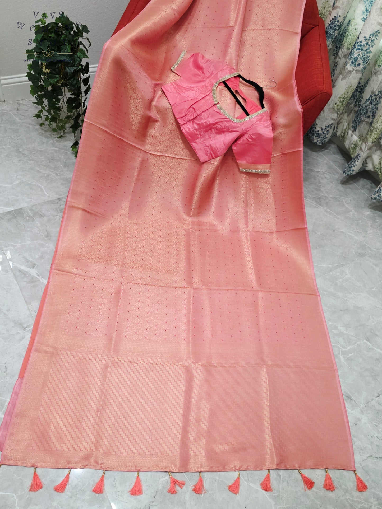 Royal Blush Coral Pink HO Crepe Silk Saree with Designer Stitched Blouse