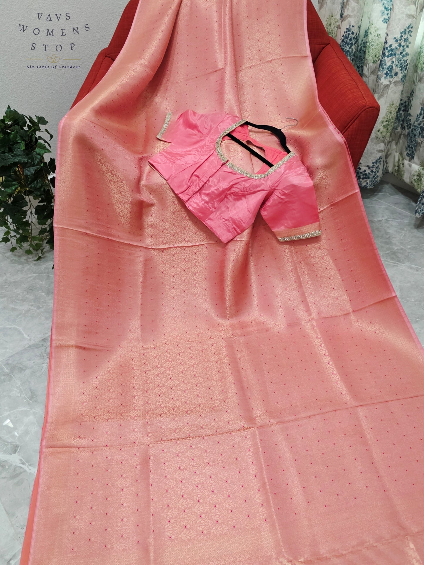 Royal Blush Coral Pink HO Crepe Silk Saree with Designer Stitched Blouse