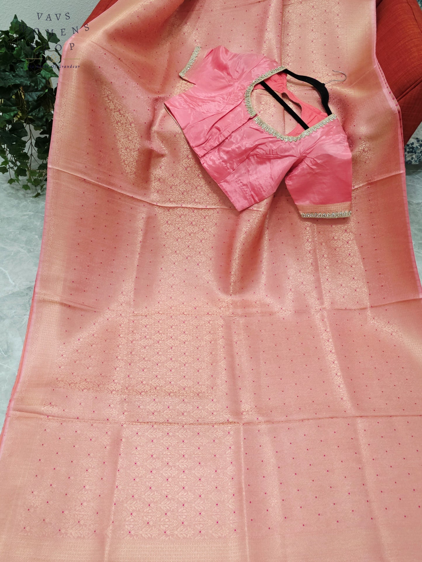 Royal Blush Coral Pink HO Crepe Silk Saree with Designer Stitched Blouse