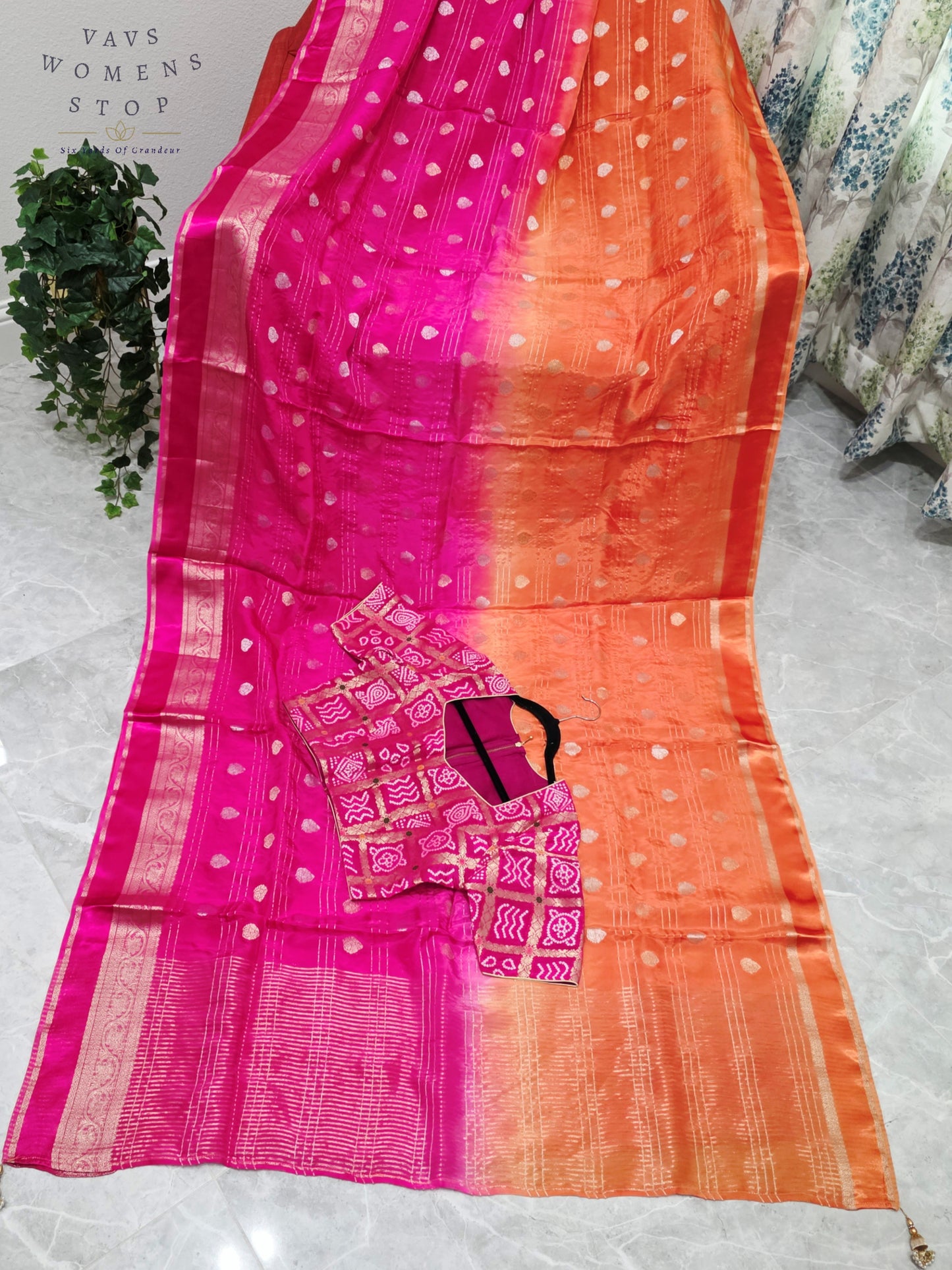 Royal Sunset Tangerine & Fuchsia Pink Soft Viscose Dola Crepe Silk Saree with Gharchola Bandhani Blouse