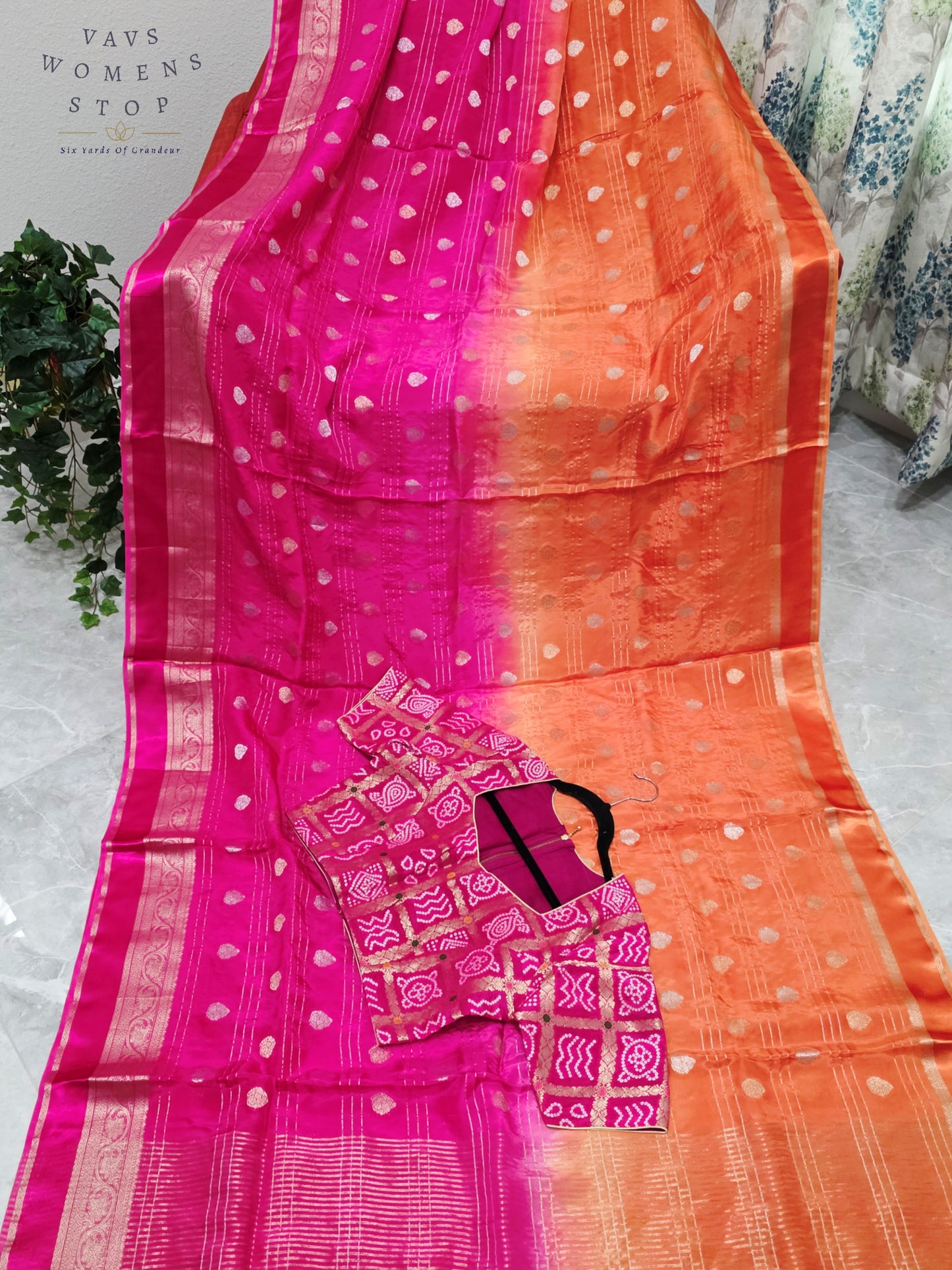 Royal Sunset Tangerine & Fuchsia Pink Soft Viscose Dola Crepe Silk Saree with Gharchola Bandhani Blouse