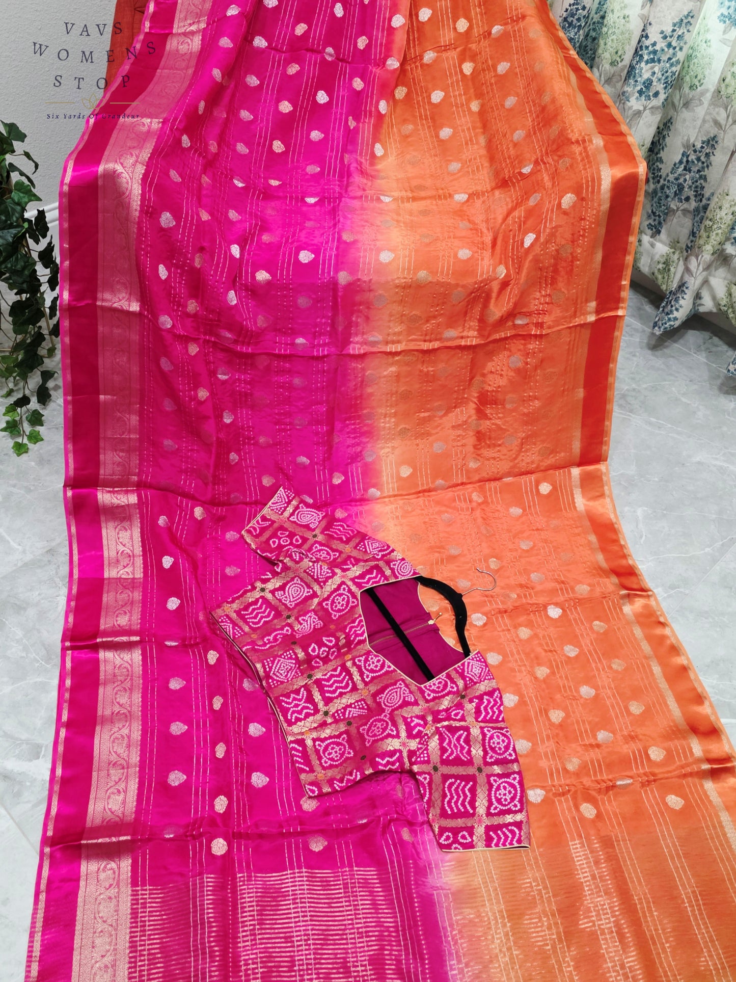Royal Sunset Tangerine & Fuchsia Pink Soft Viscose Dola Crepe Silk Saree with Gharchola Bandhani Blouse