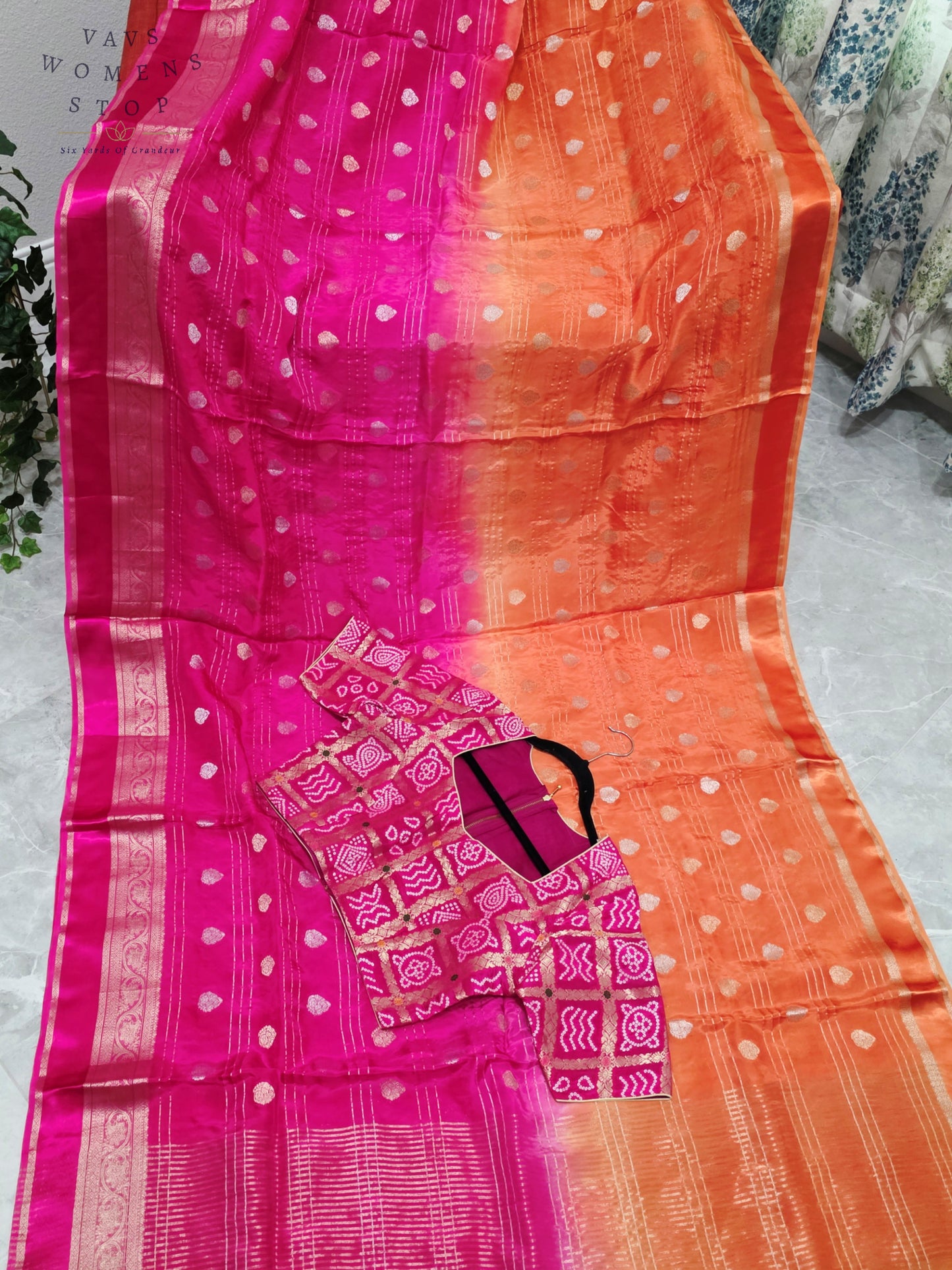 Royal Sunset Tangerine & Fuchsia Pink Soft Viscose Dola Crepe Silk Saree with Gharchola Bandhani Blouse