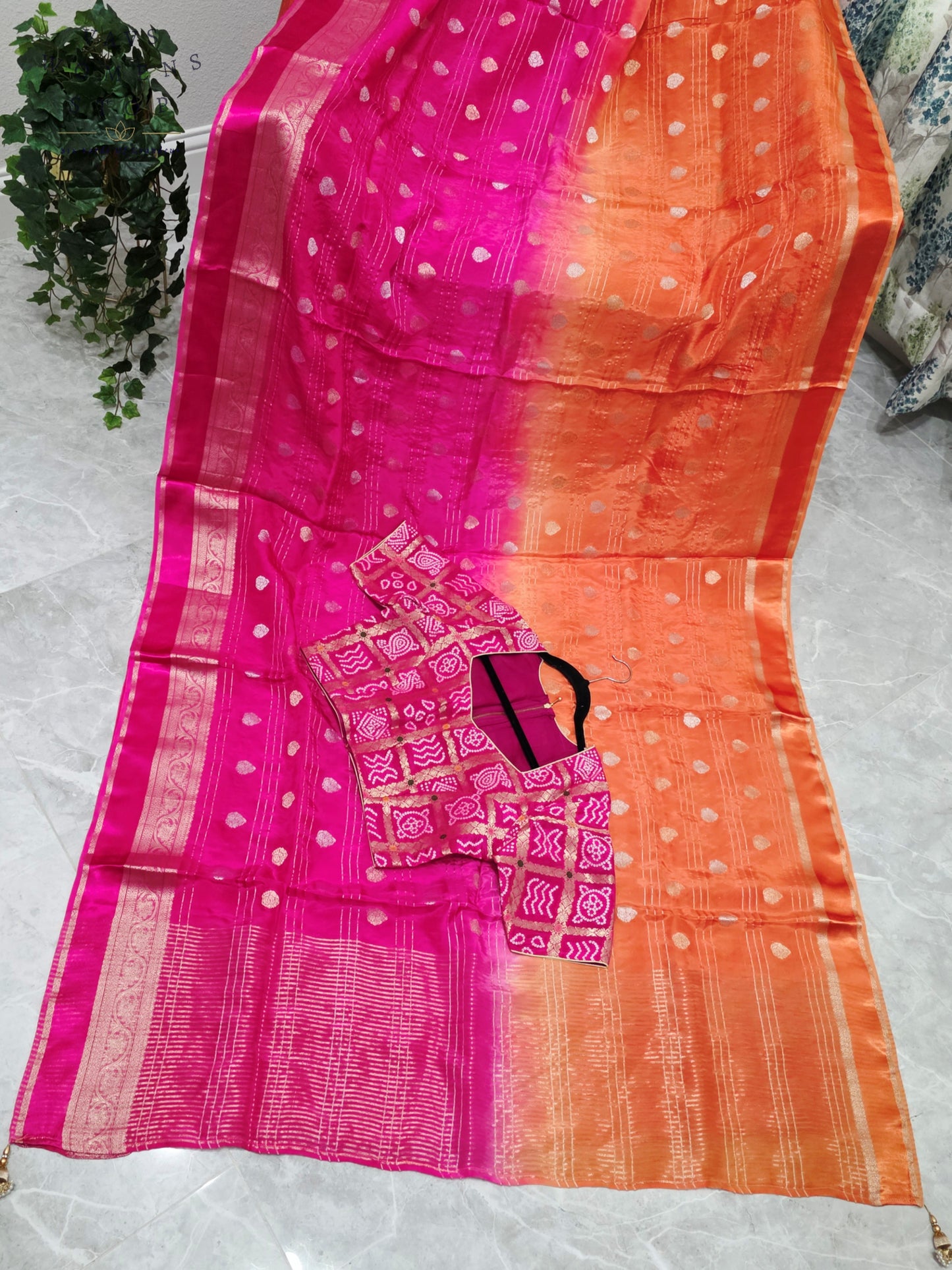 Royal Sunset Tangerine & Fuchsia Pink Soft Viscose Dola Crepe Silk Saree with Gharchola Bandhani Blouse
