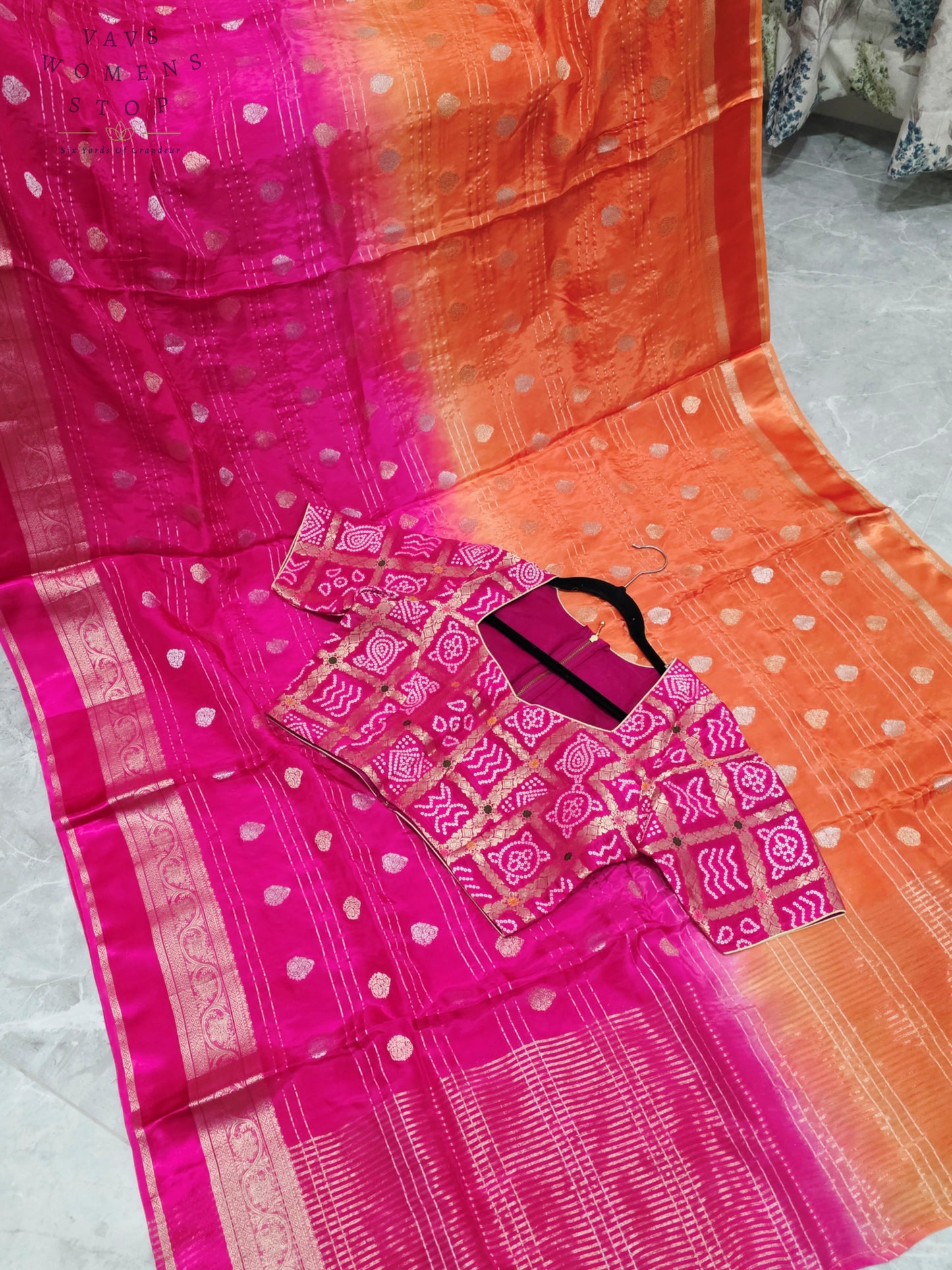 Royal Sunset Tangerine & Fuchsia Pink Soft Viscose Dola Crepe Silk Saree with Gharchola Bandhani Blouse