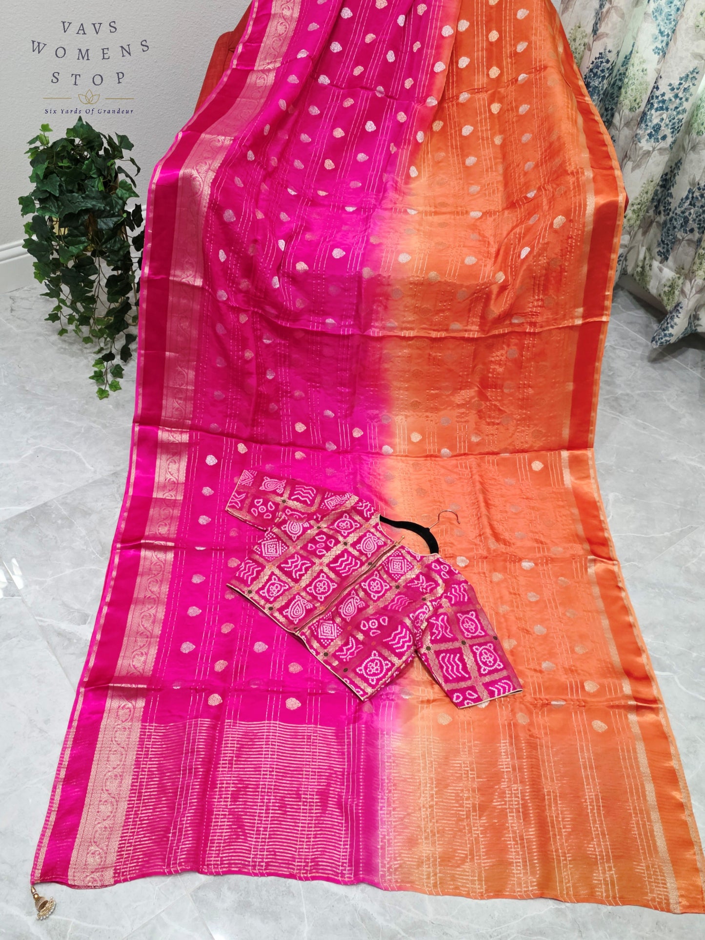 Royal Sunset Tangerine & Fuchsia Pink Soft Viscose Dola Crepe Silk Saree with Gharchola Bandhani Blouse
