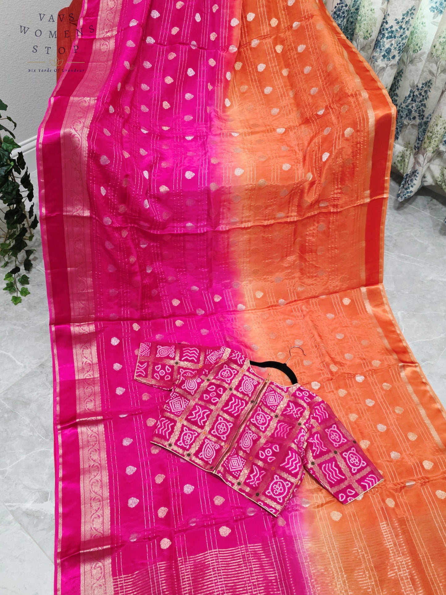 Royal Sunset Tangerine & Fuchsia Pink Soft Viscose Dola Crepe Silk Saree with Gharchola Bandhani Blouse