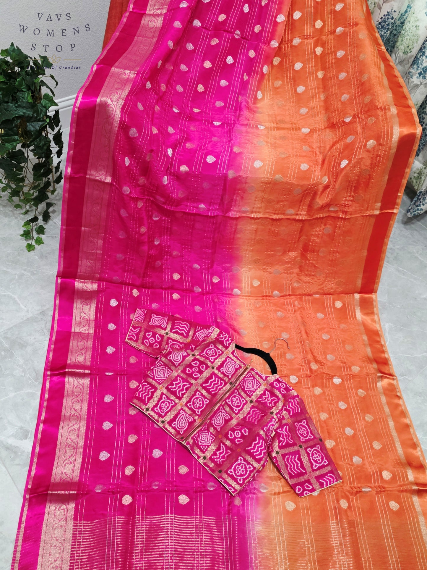 Royal Sunset Tangerine & Fuchsia Pink Soft Viscose Dola Crepe Silk Saree with Gharchola Bandhani Blouse