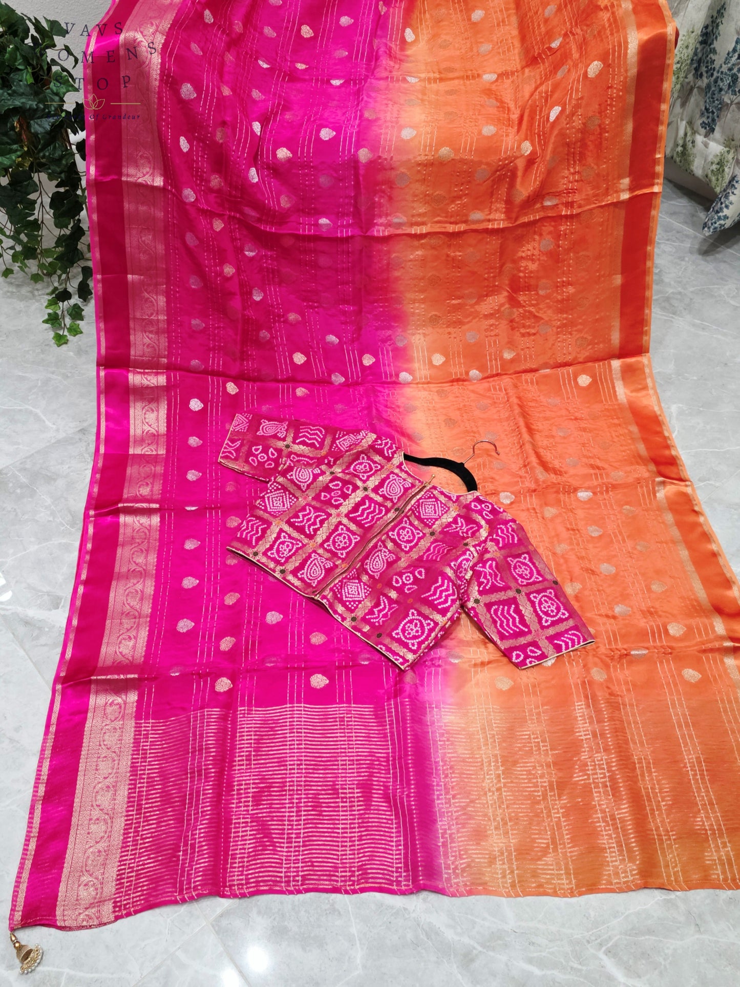 Royal Sunset Tangerine & Fuchsia Pink Soft Viscose Dola Crepe Silk Saree with Gharchola Bandhani Blouse