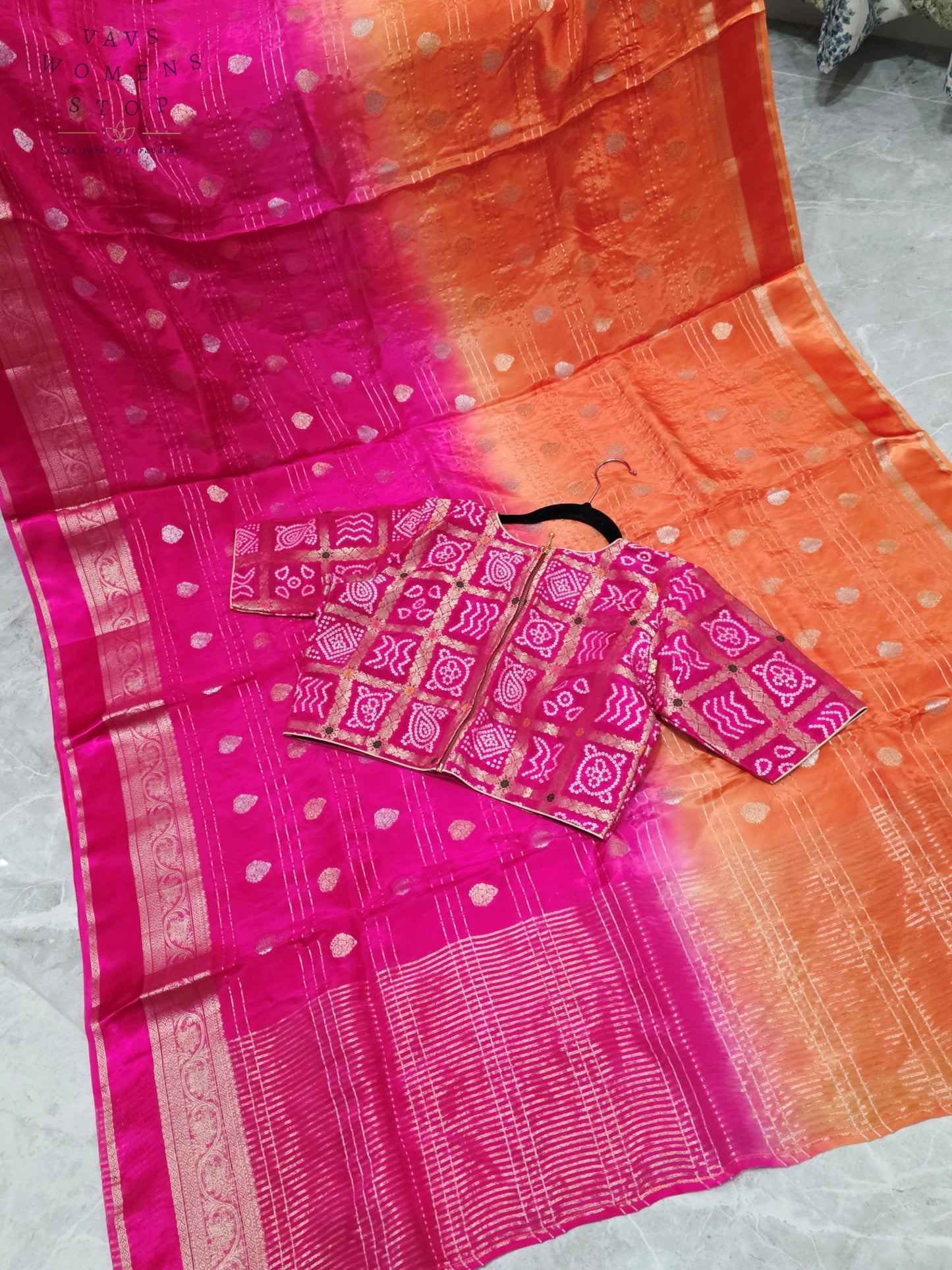 Royal Sunset Tangerine & Fuchsia Pink Soft Viscose Dola Crepe Silk Saree with Gharchola Bandhani Blouse