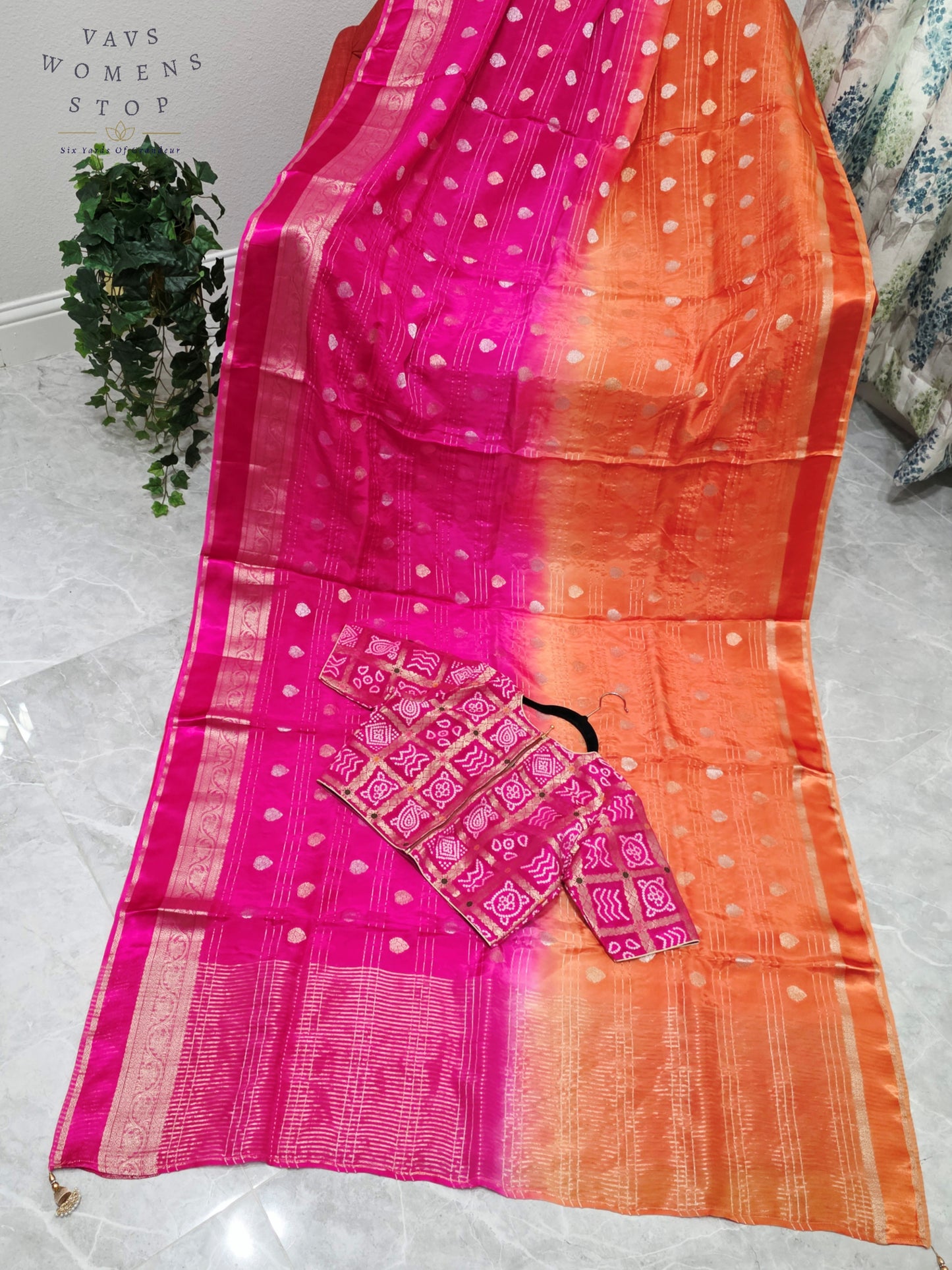 Royal Sunset Tangerine & Fuchsia Pink Soft Viscose Dola Crepe Silk Saree with Gharchola Bandhani Blouse