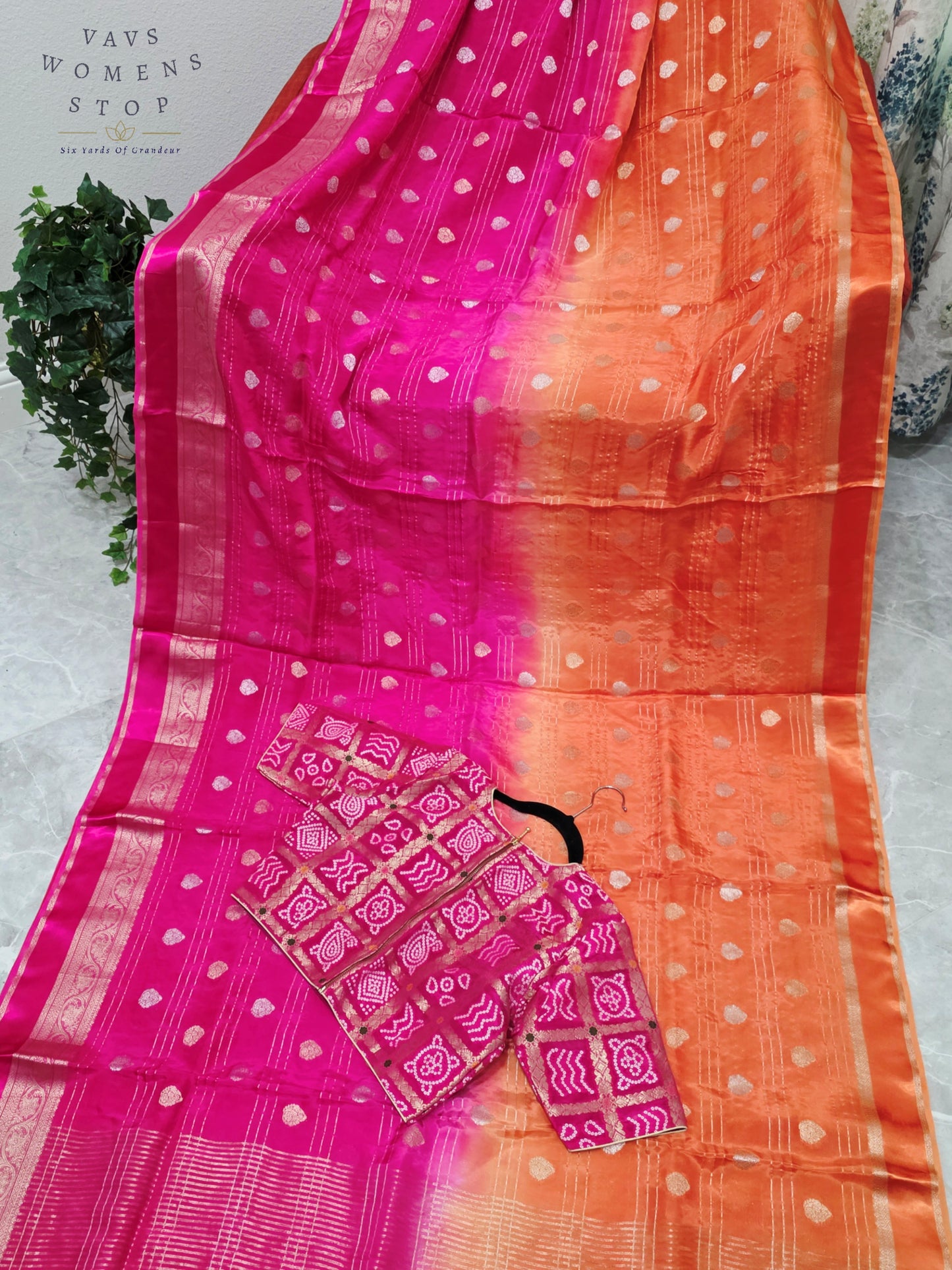 Royal Sunset Tangerine & Fuchsia Pink Soft Viscose Dola Crepe Silk Saree with Gharchola Bandhani Blouse