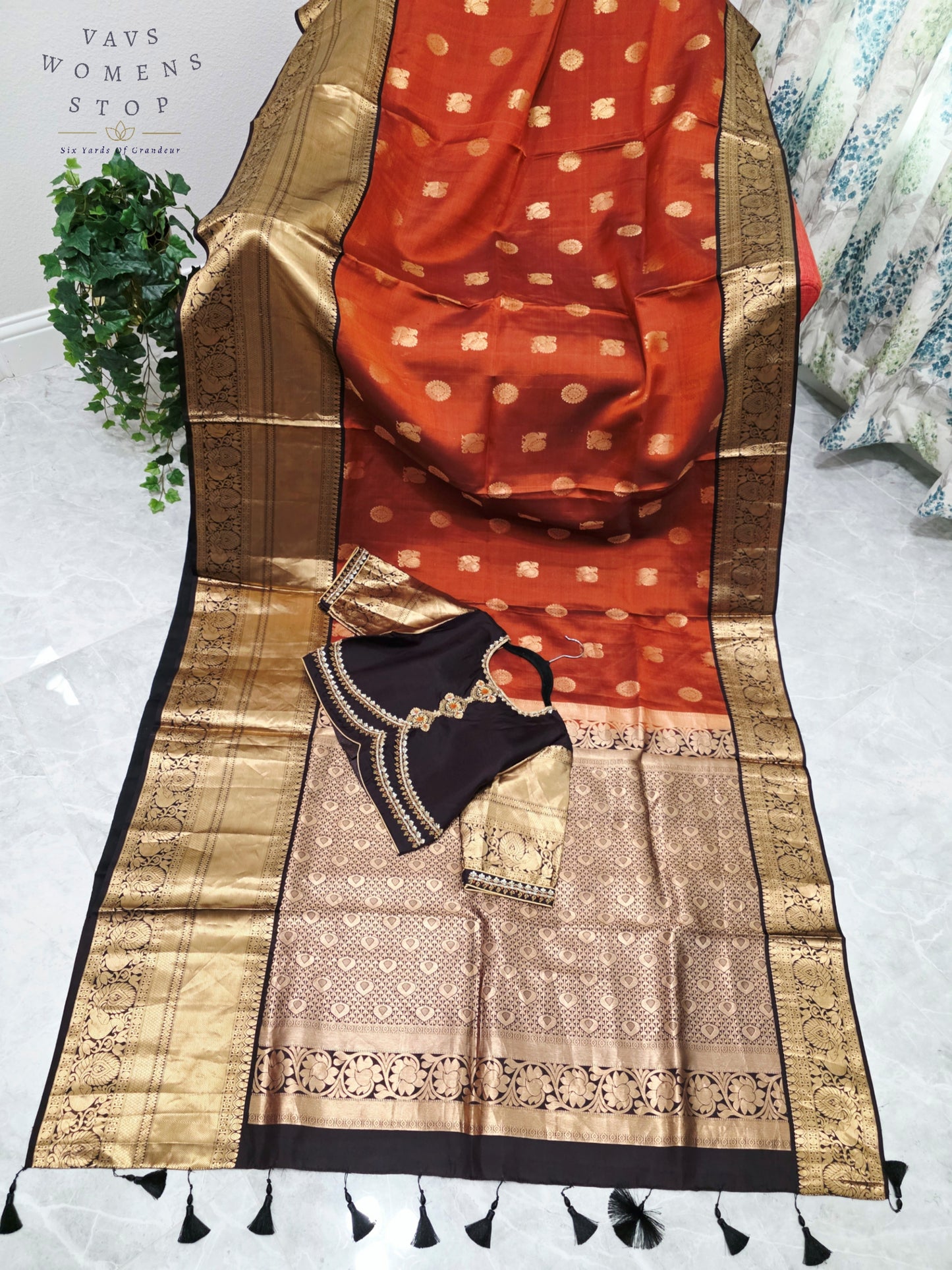 Royal Burnished Rust Pure Kanchi Soft Silk Saree with Dark Cocoa Maggam Blouse