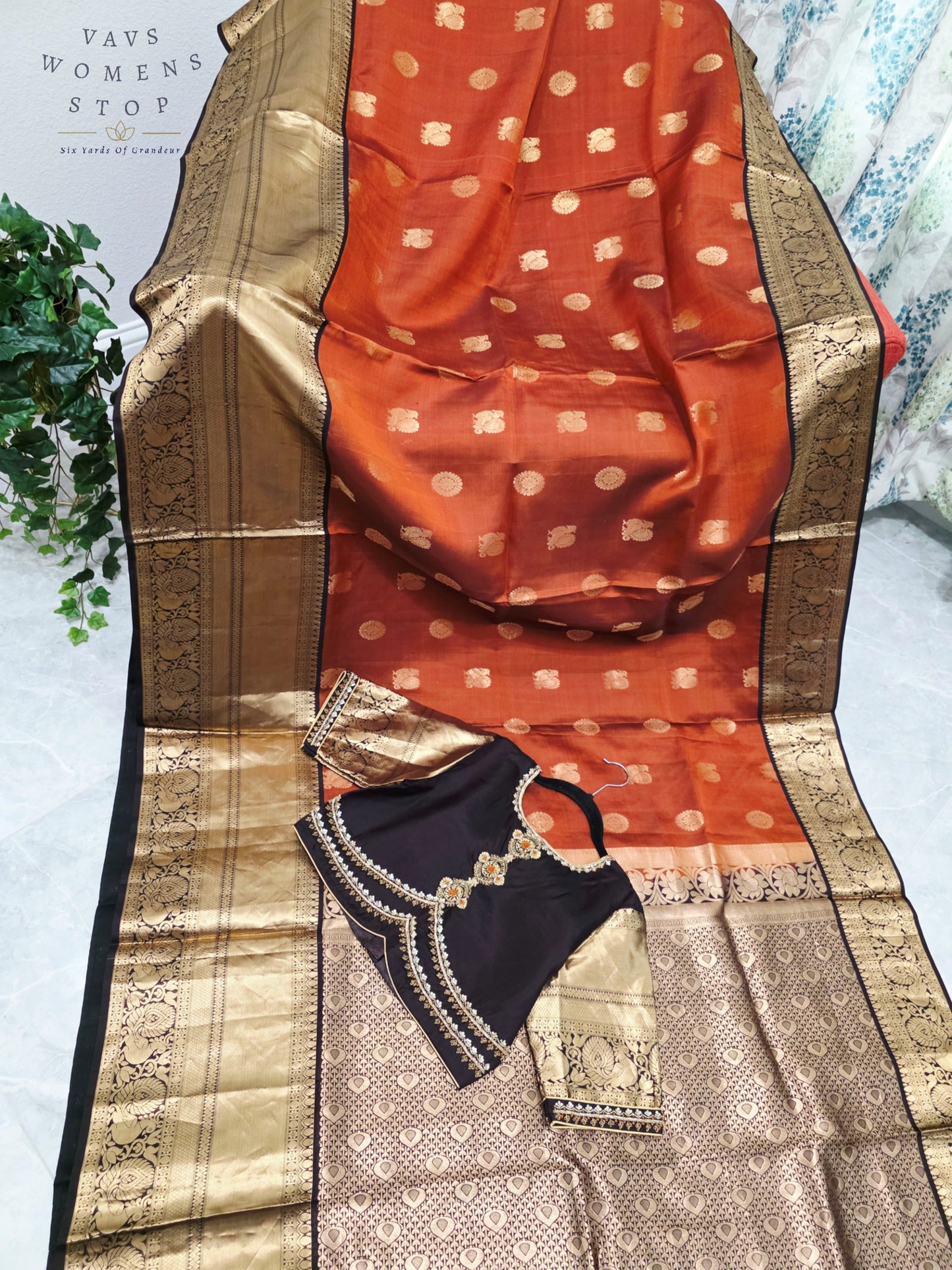 Royal Burnished Rust Pure Kanchi Soft Silk Saree with Dark Cocoa Maggam Blouse