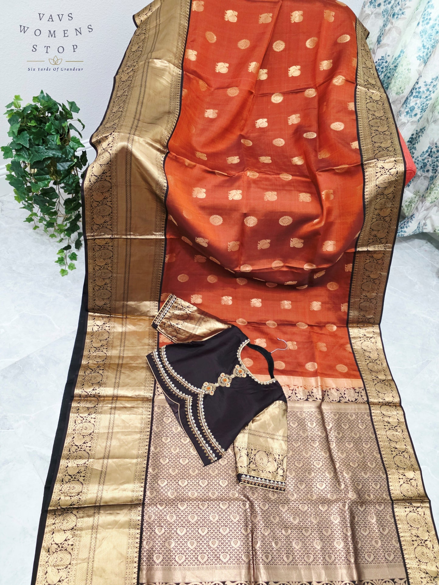 Royal Burnished Rust Pure Kanchi Soft Silk Saree with Dark Cocoa Maggam Blouse