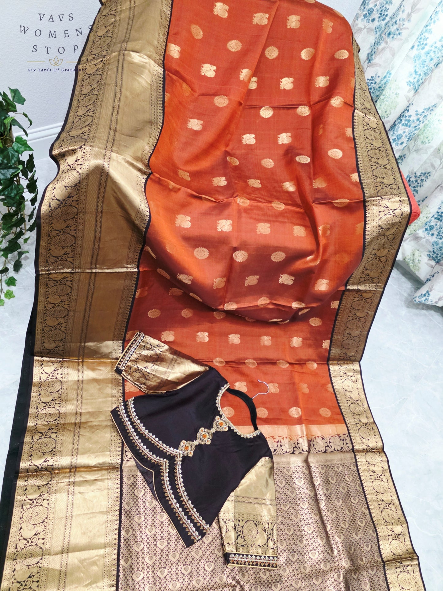 Royal Burnished Rust Pure Kanchi Soft Silk Saree with Dark Cocoa Maggam Blouse