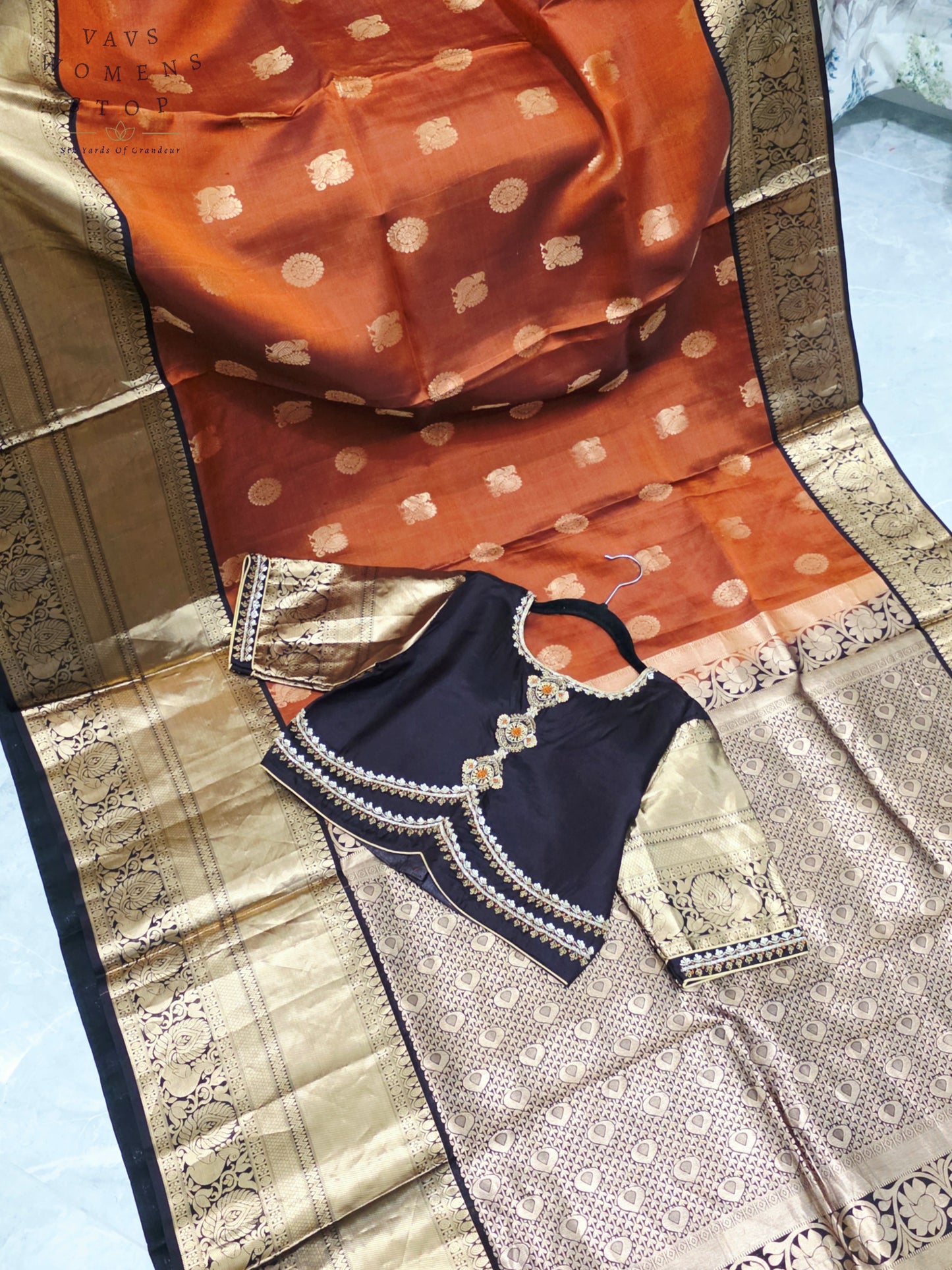 Royal Burnished Rust Pure Kanchi Soft Silk Saree with Dark Cocoa Maggam Blouse