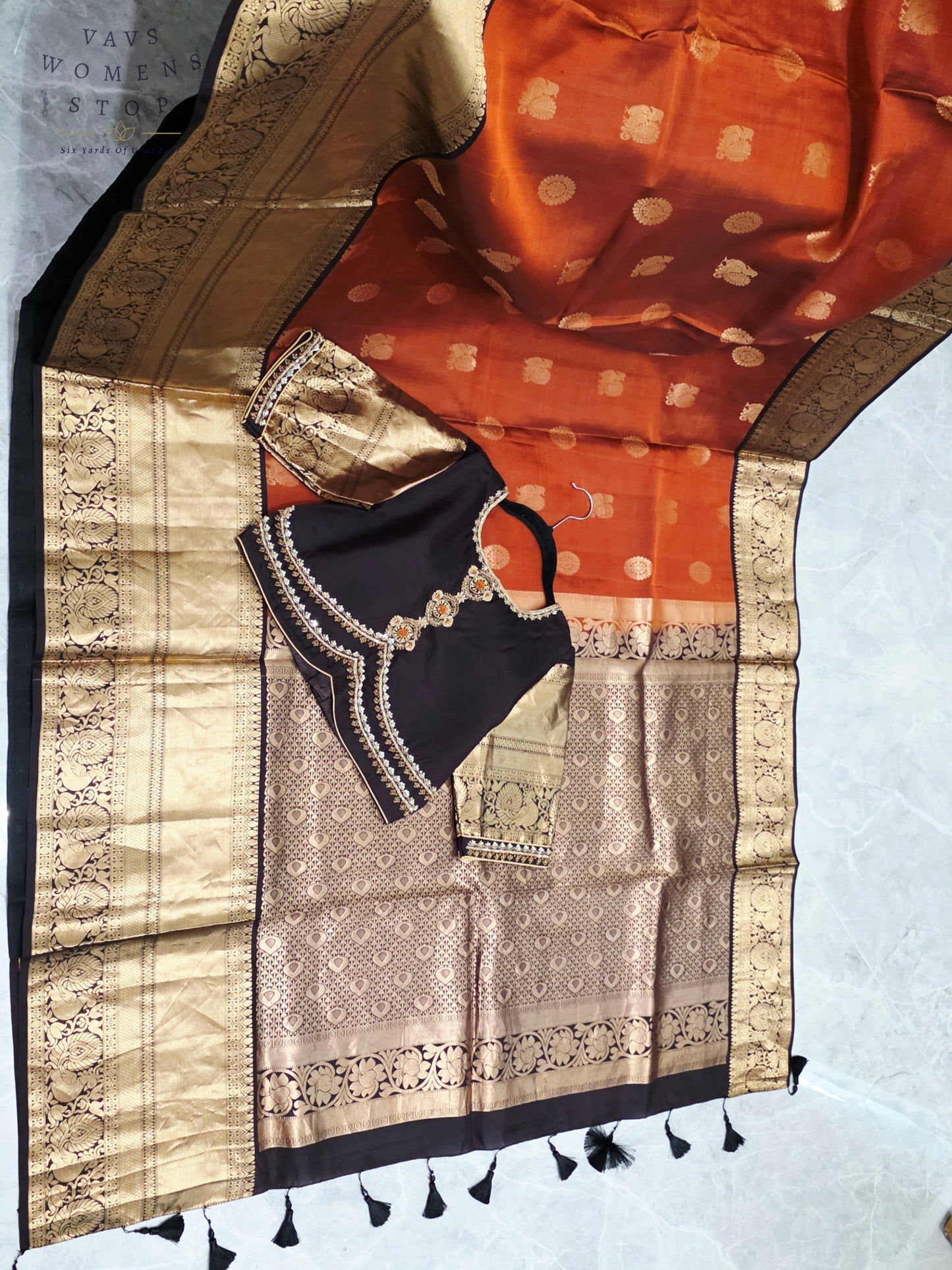 Royal Burnished Rust Pure Kanchi Soft Silk Saree with Dark Cocoa Maggam Blouse