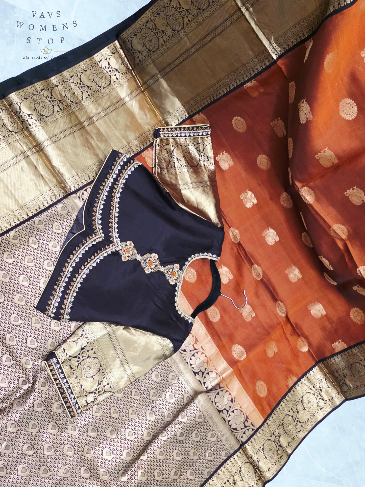 Royal Burnished Rust Pure Kanchi Soft Silk Saree with Dark Cocoa Maggam Blouse