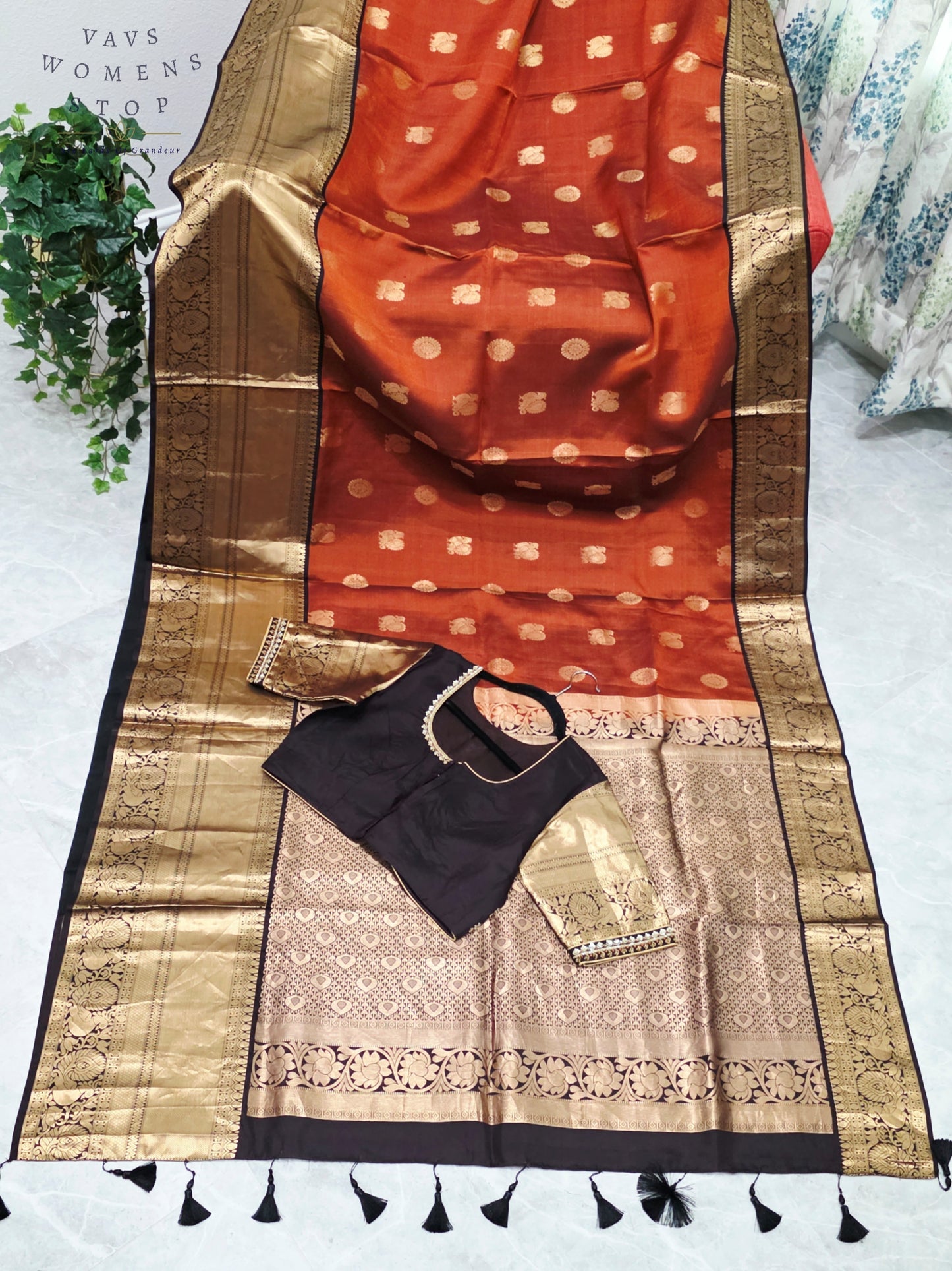 Royal Burnished Rust Pure Kanchi Soft Silk Saree with Dark Cocoa Maggam Blouse
