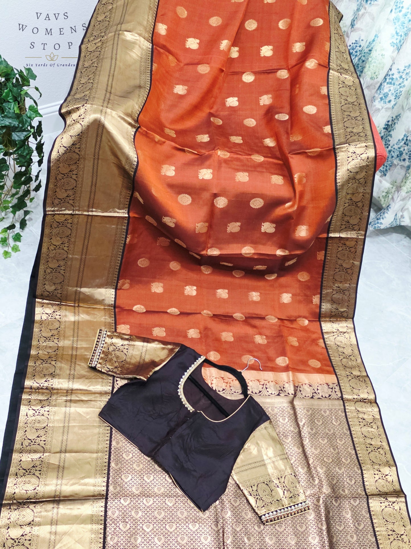 Royal Burnished Rust Pure Kanchi Soft Silk Saree with Dark Cocoa Maggam Blouse