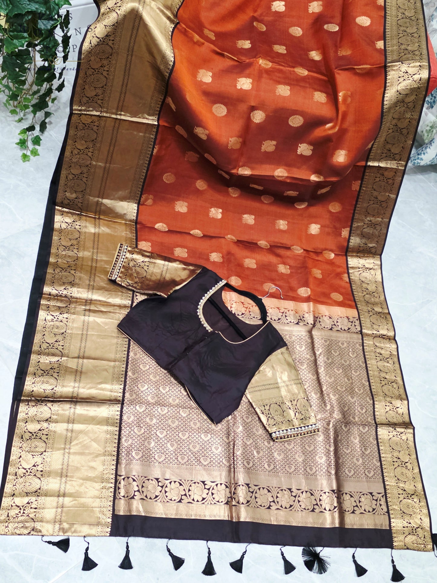 Royal Burnished Rust Pure Kanchi Soft Silk Saree with Dark Cocoa Maggam Blouse