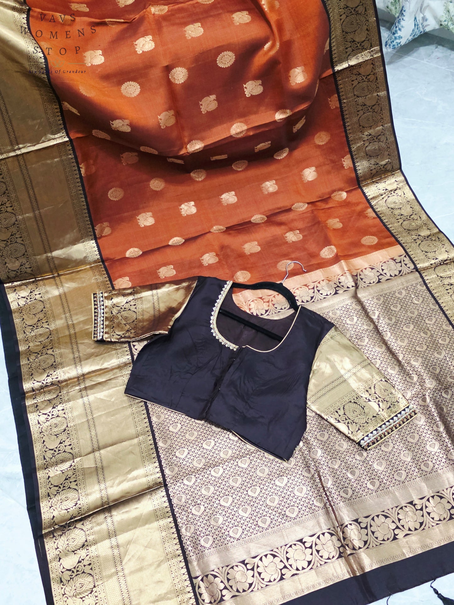 Royal Burnished Rust Pure Kanchi Soft Silk Saree with Dark Cocoa Maggam Blouse