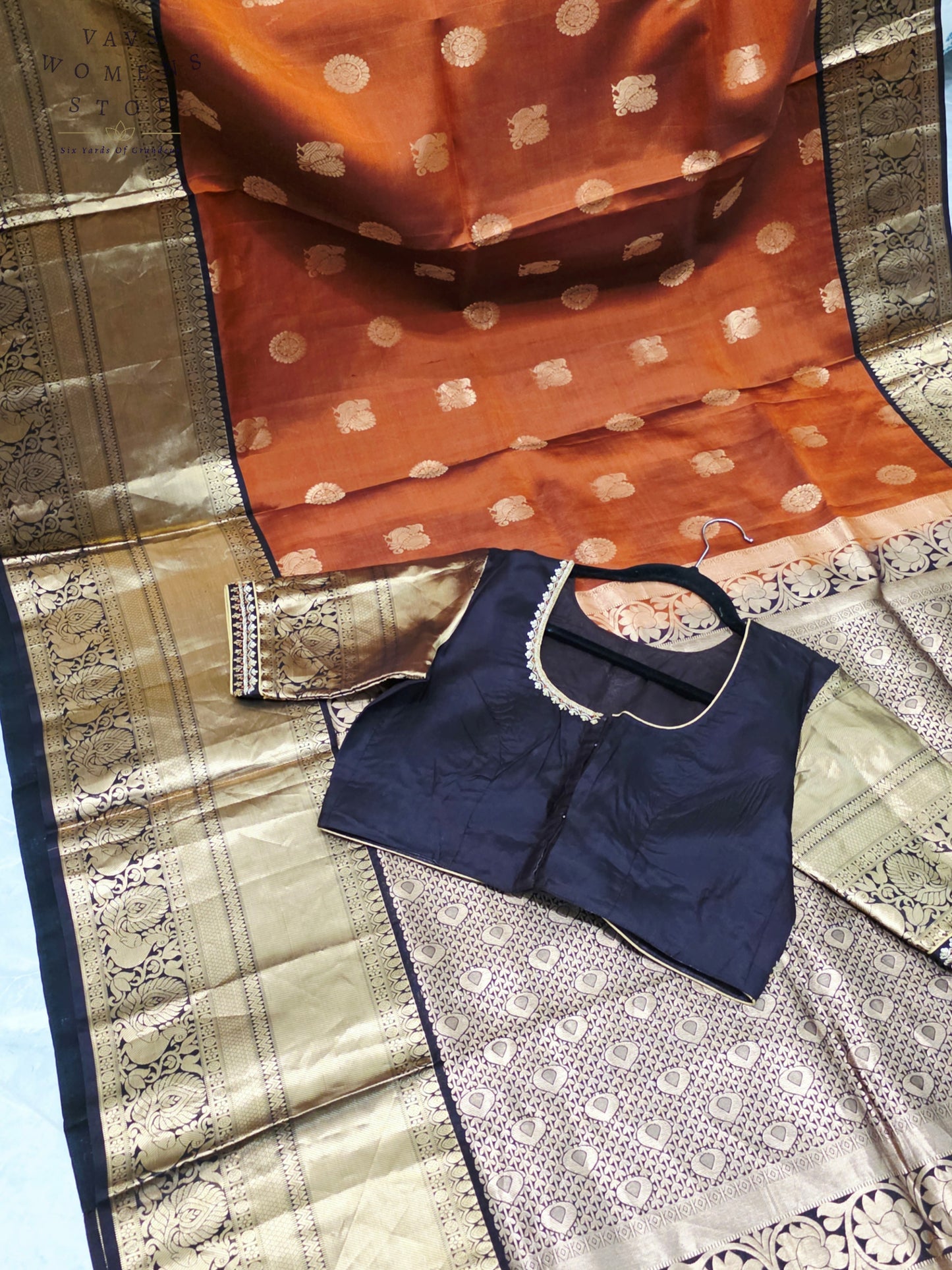 Royal Burnished Rust Pure Kanchi Soft Silk Saree with Dark Cocoa Maggam Blouse