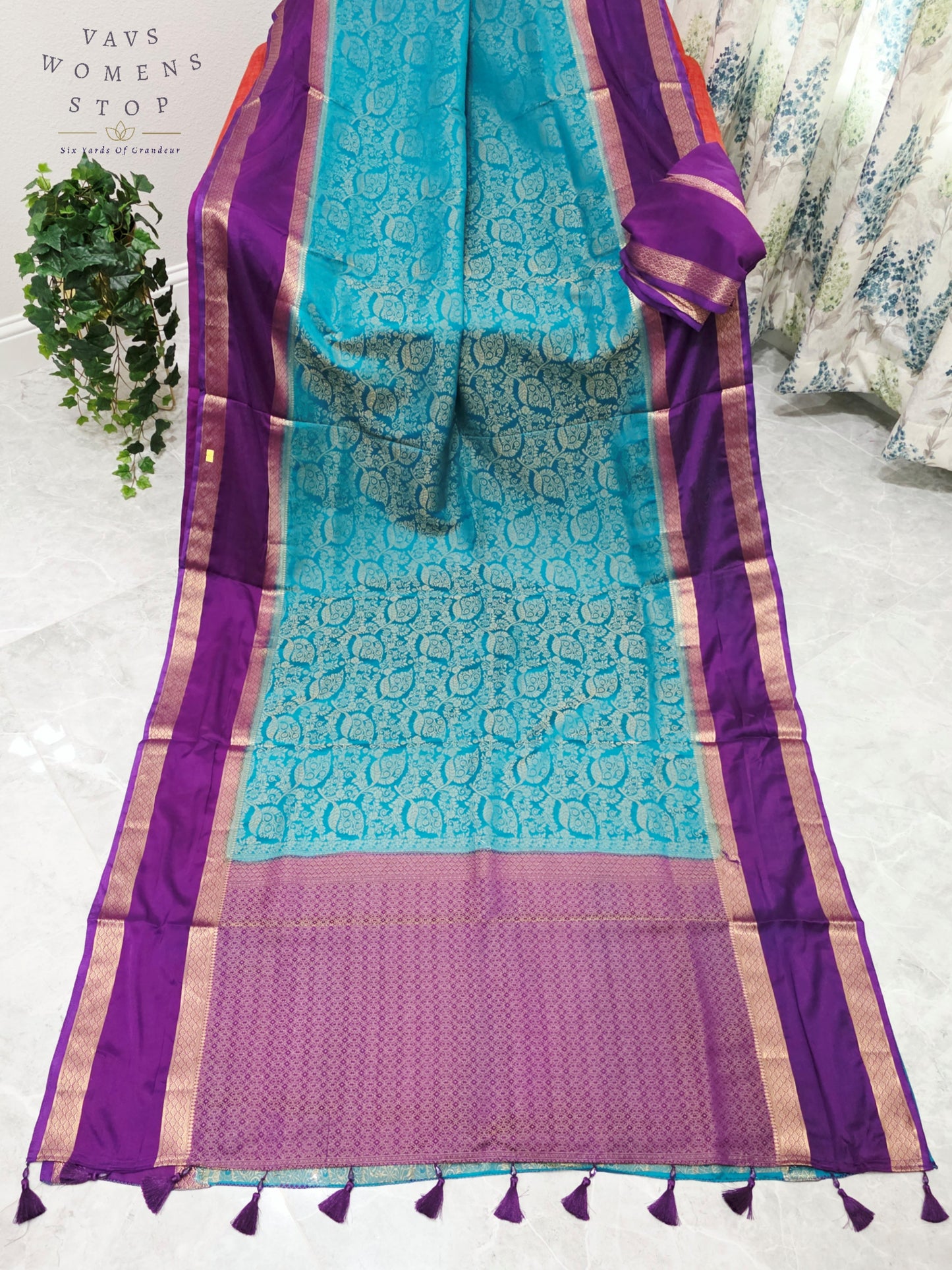 Royal Turquoise Aqua & Regal Orchid Purple Semi Mysore Crepe Silk Saree with Gold Zari Gap Border