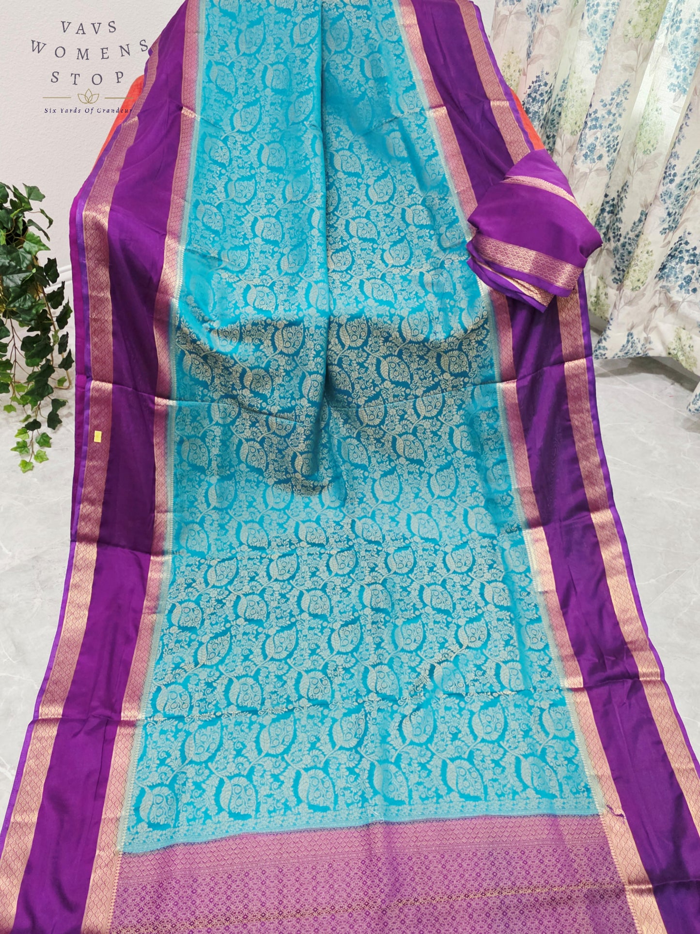 Royal Turquoise Aqua & Regal Orchid Purple Semi Mysore Crepe Silk Saree with Gold Zari Gap Border