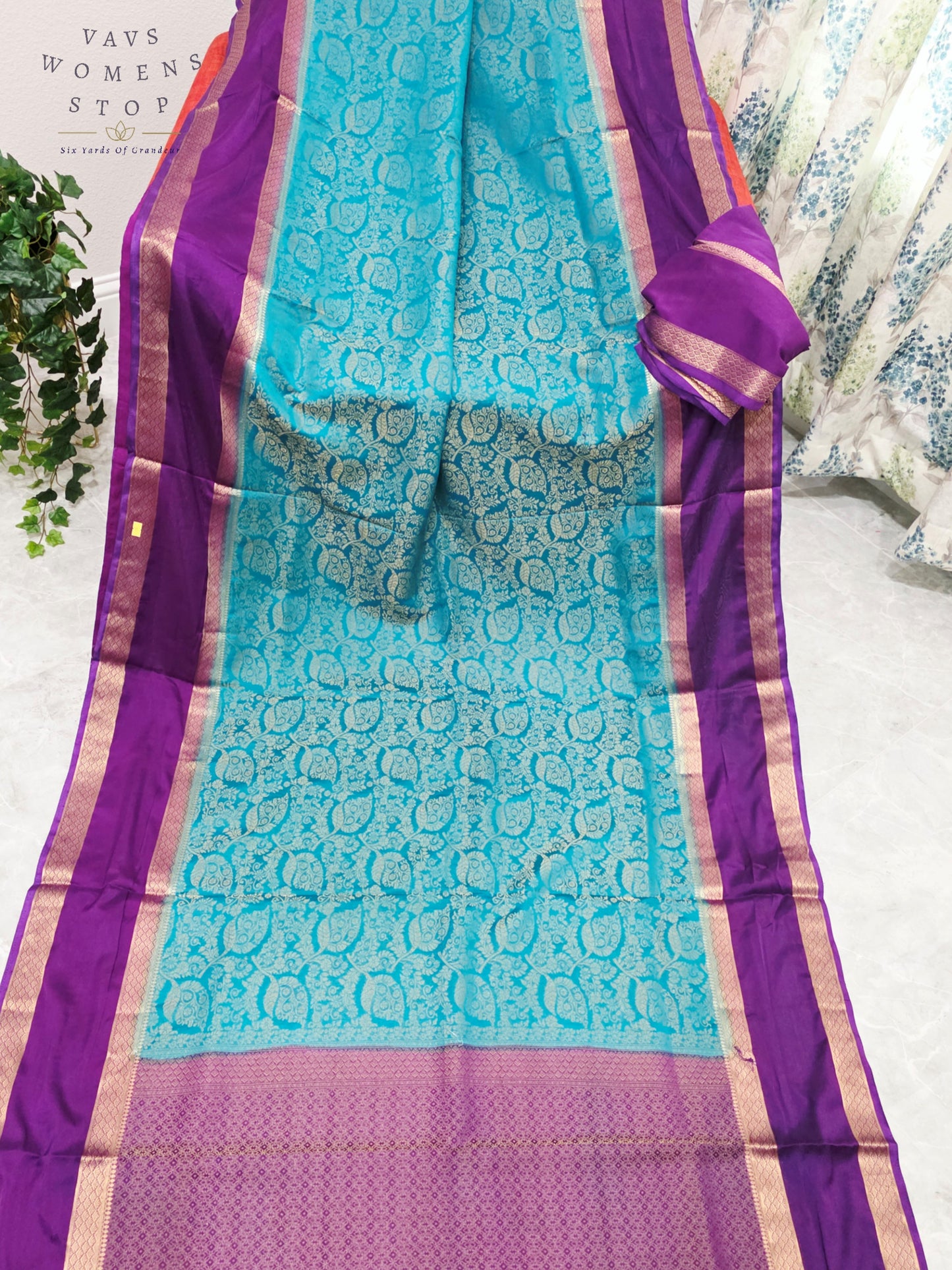 Royal Turquoise Aqua & Regal Orchid Purple Semi Mysore Crepe Silk Saree with Gold Zari Gap Border