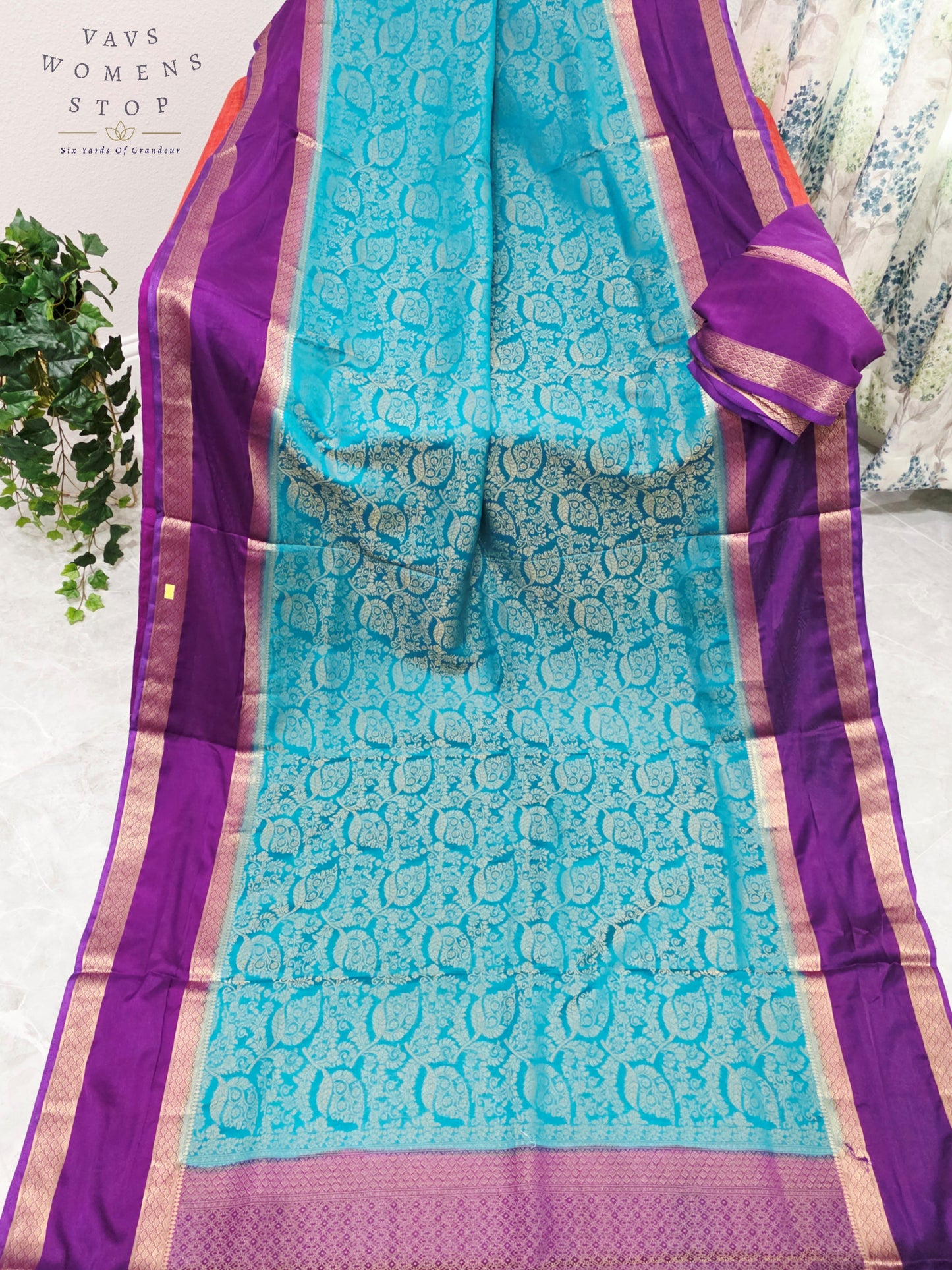 Royal Turquoise Aqua & Regal Orchid Purple Semi Mysore Crepe Silk Saree with Gold Zari Gap Border