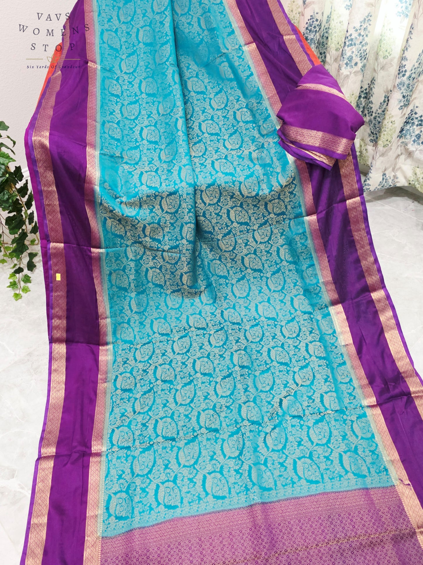 Royal Turquoise Aqua & Regal Orchid Purple Semi Mysore Crepe Silk Saree with Gold Zari Gap Border