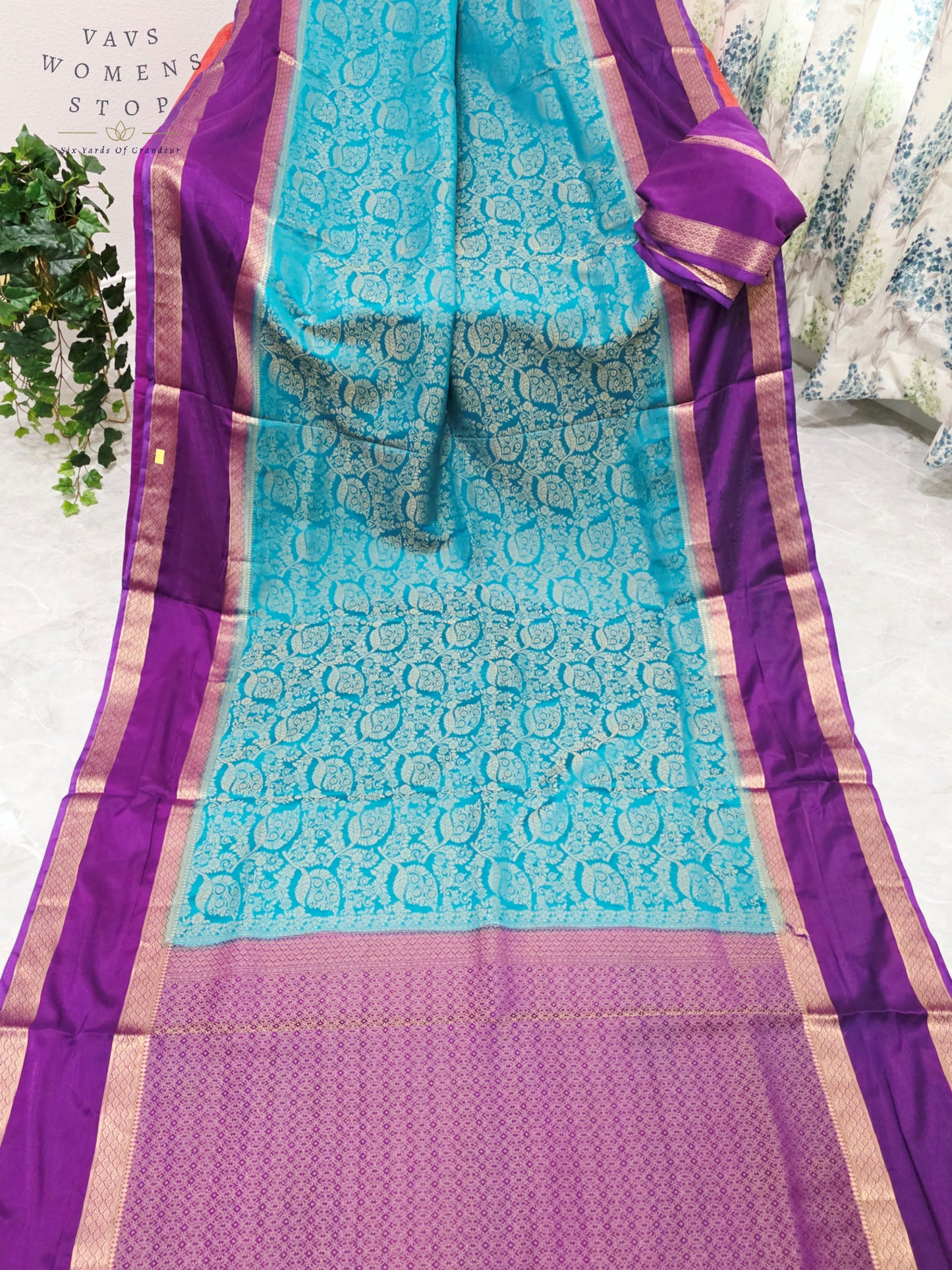 Royal Turquoise Aqua & Regal Orchid Purple Semi Mysore Crepe Silk Saree with Gold Zari Gap Border