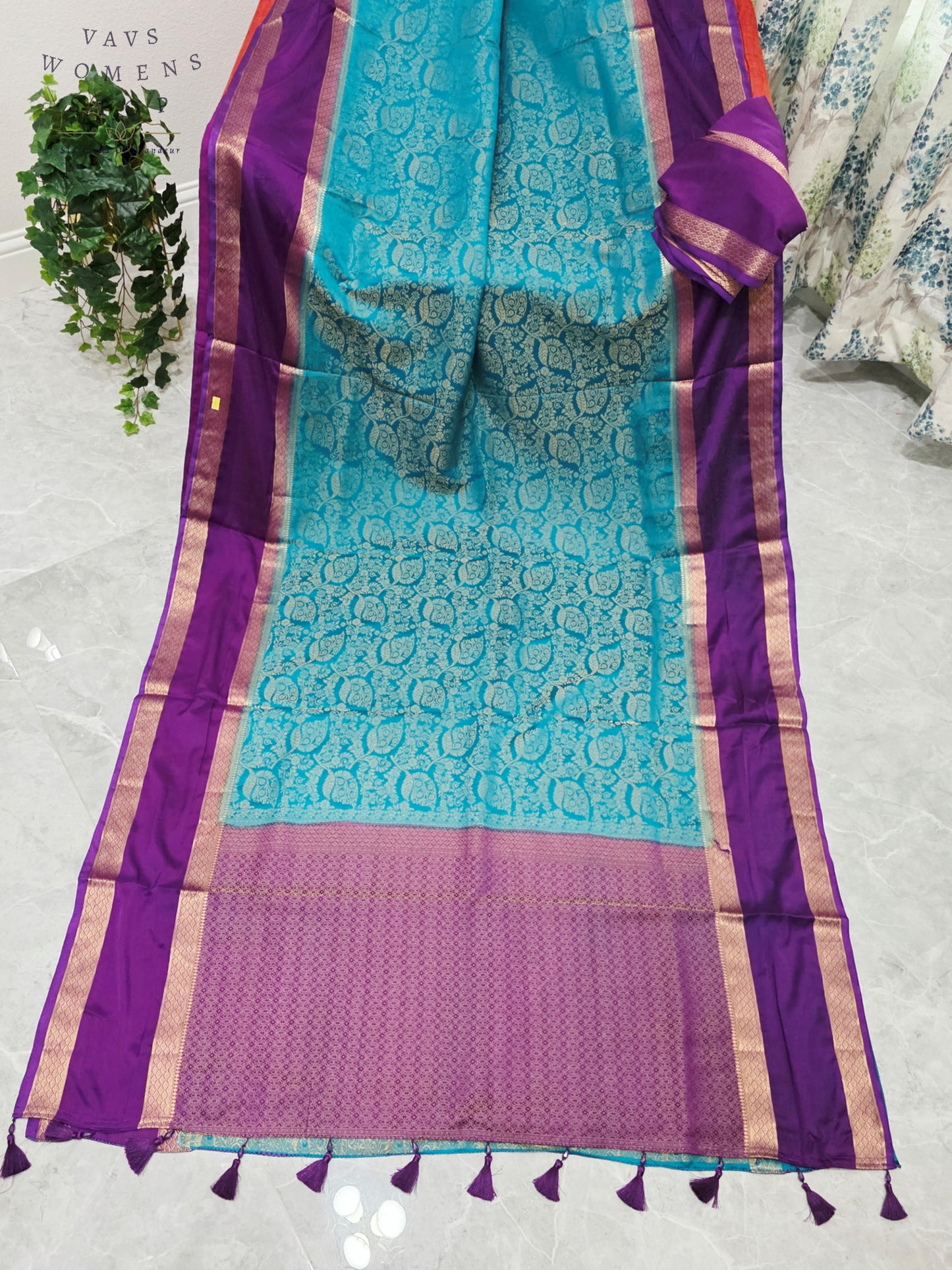 Royal Turquoise Aqua & Regal Orchid Purple Semi Mysore Crepe Silk Saree with Gold Zari Gap Border