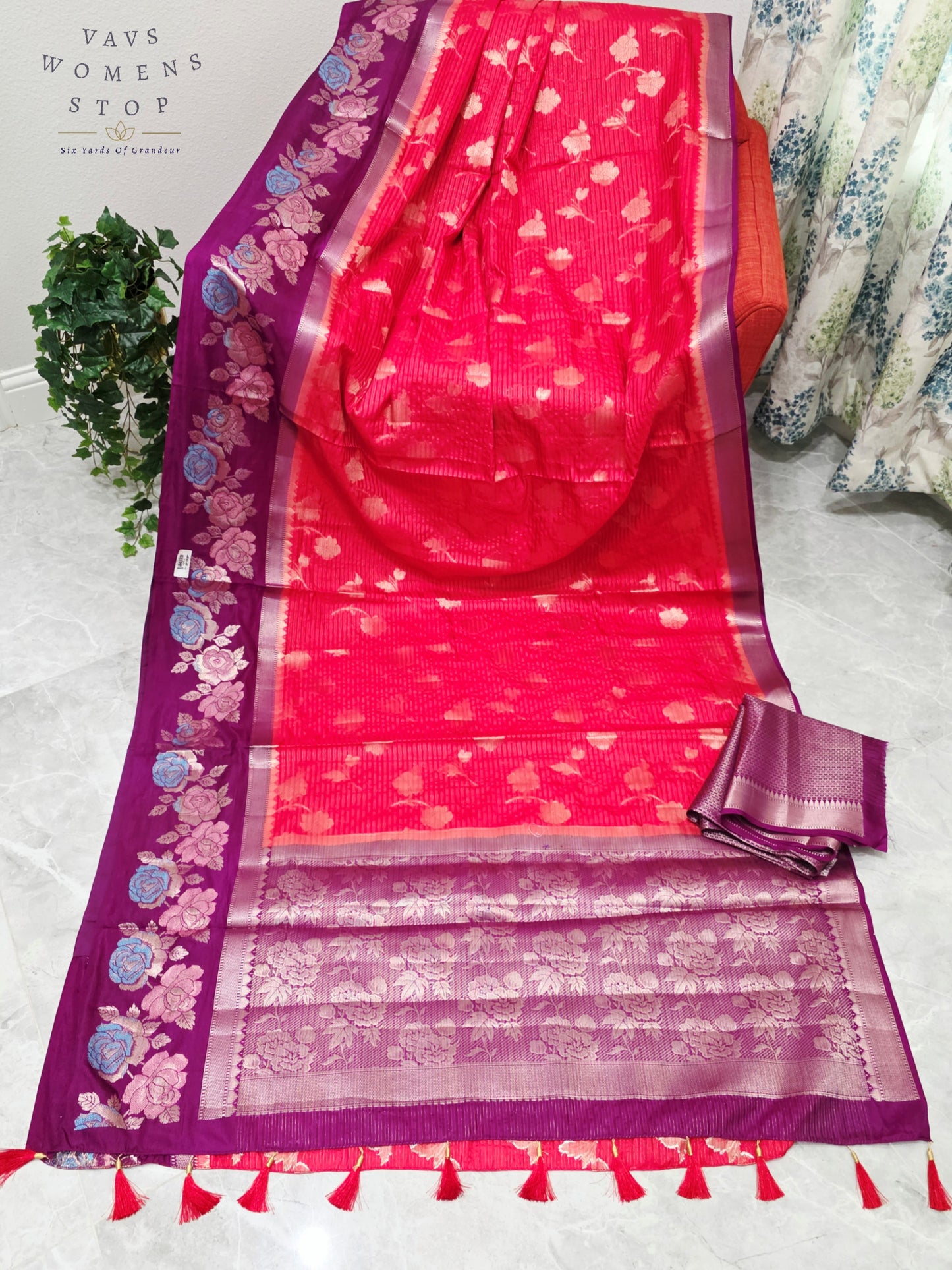 Royal Fuchsia Pink & Imperial Orchid Purple Semi Warm Banarasi Saree with Floral Woven Border & Unstitched Blouse Piece