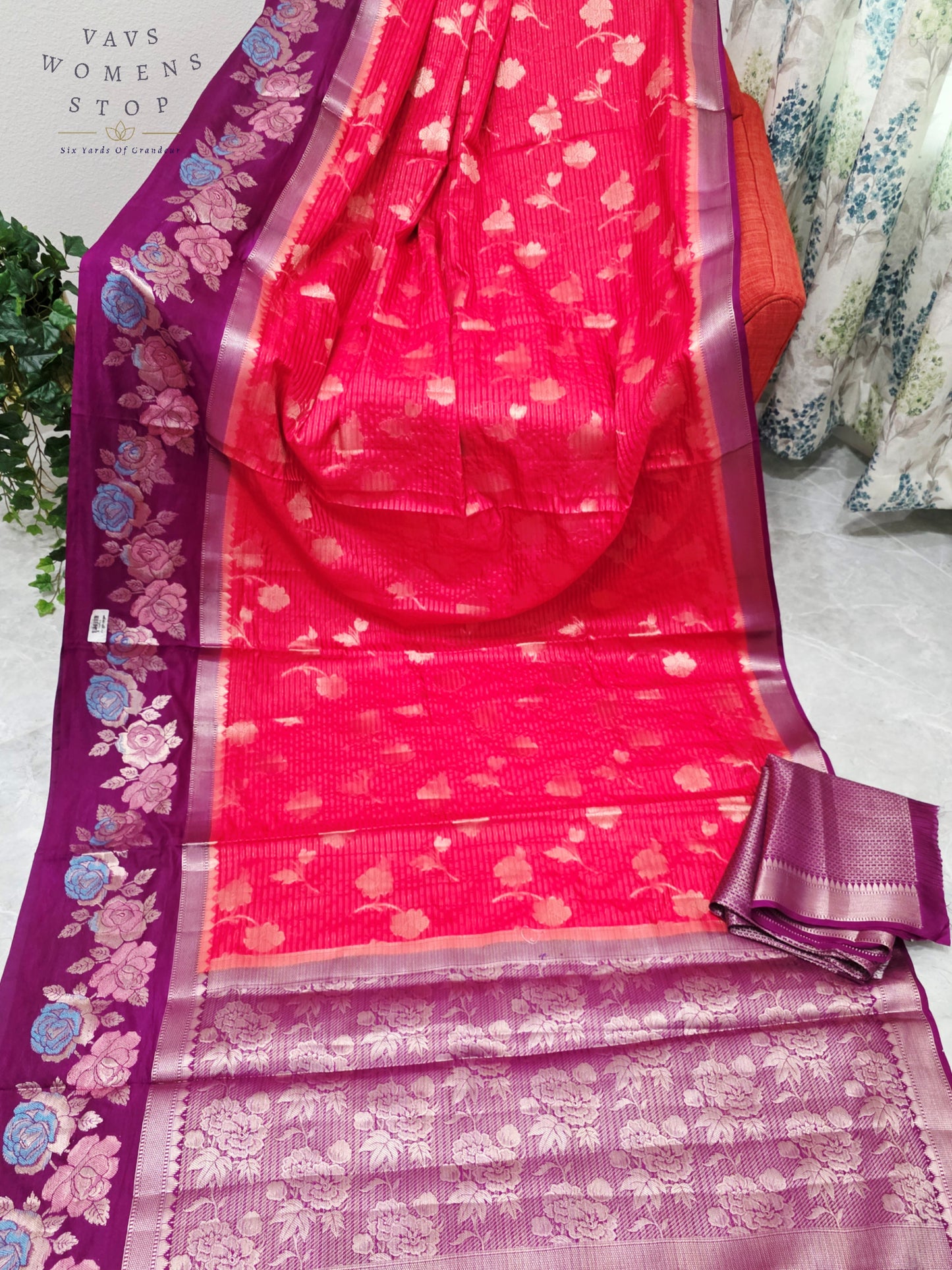 Royal Fuchsia Pink & Imperial Orchid Purple Semi Warm Banarasi Saree with Floral Woven Border & Unstitched Blouse Piece