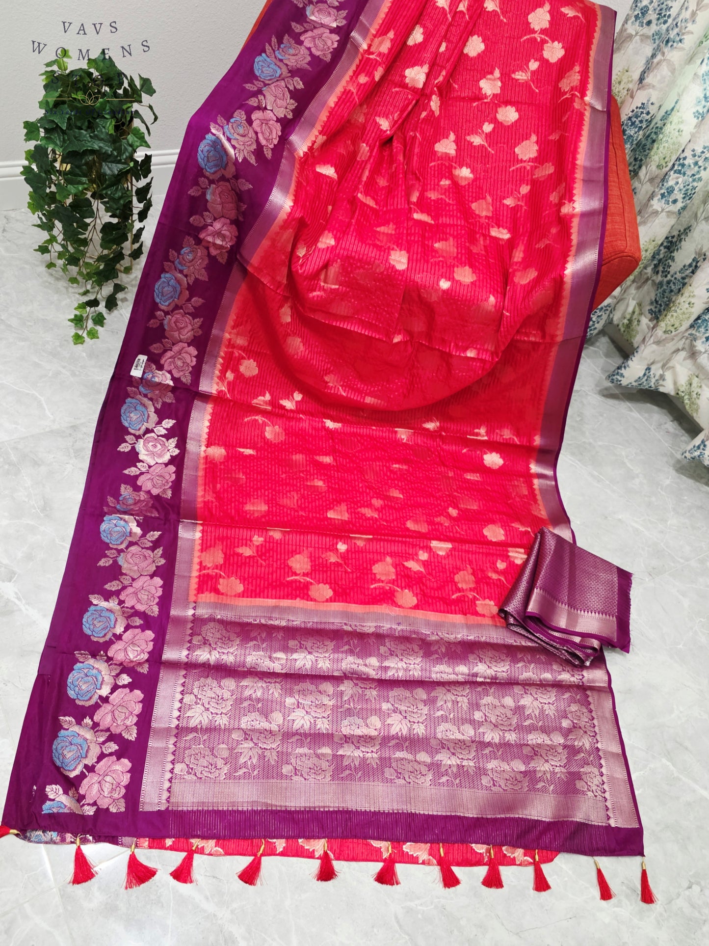 Royal Fuchsia Pink & Imperial Orchid Purple Semi Warm Banarasi Saree with Floral Woven Border & Unstitched Blouse Piece