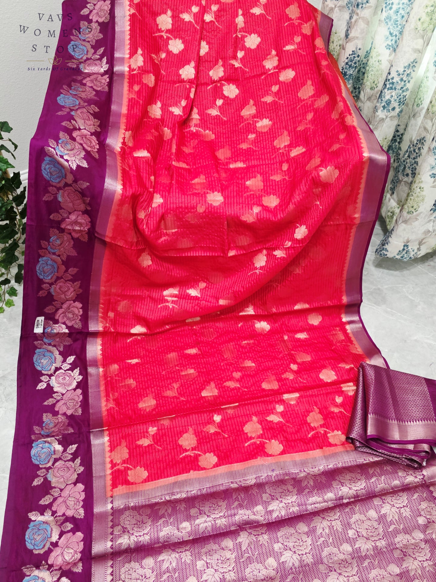 Royal Fuchsia Pink & Imperial Orchid Purple Semi Warm Banarasi Saree with Floral Woven Border & Unstitched Blouse Piece
