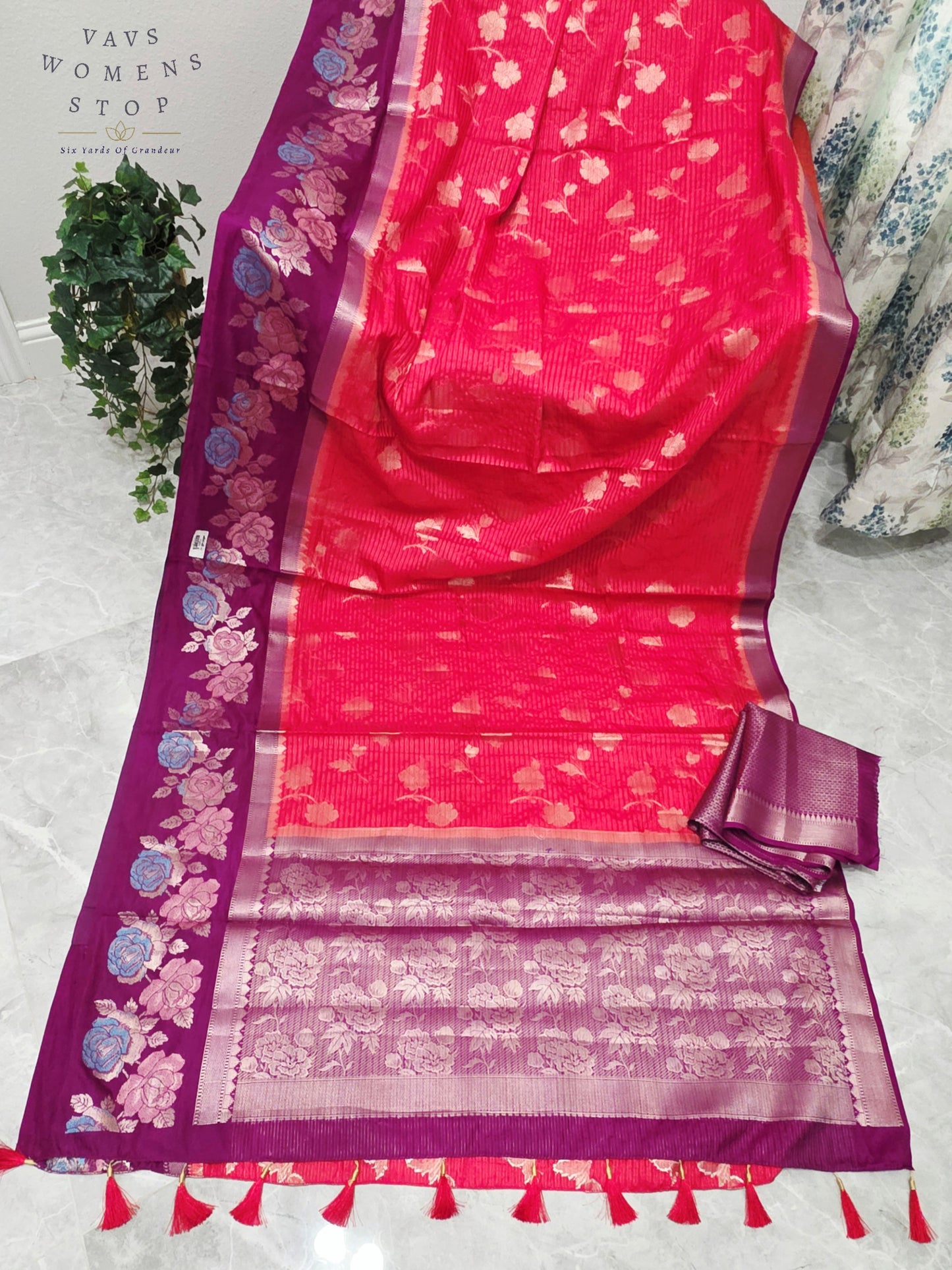 Royal Fuchsia Pink & Imperial Orchid Purple Semi Warm Banarasi Saree with Floral Woven Border & Unstitched Blouse Piece