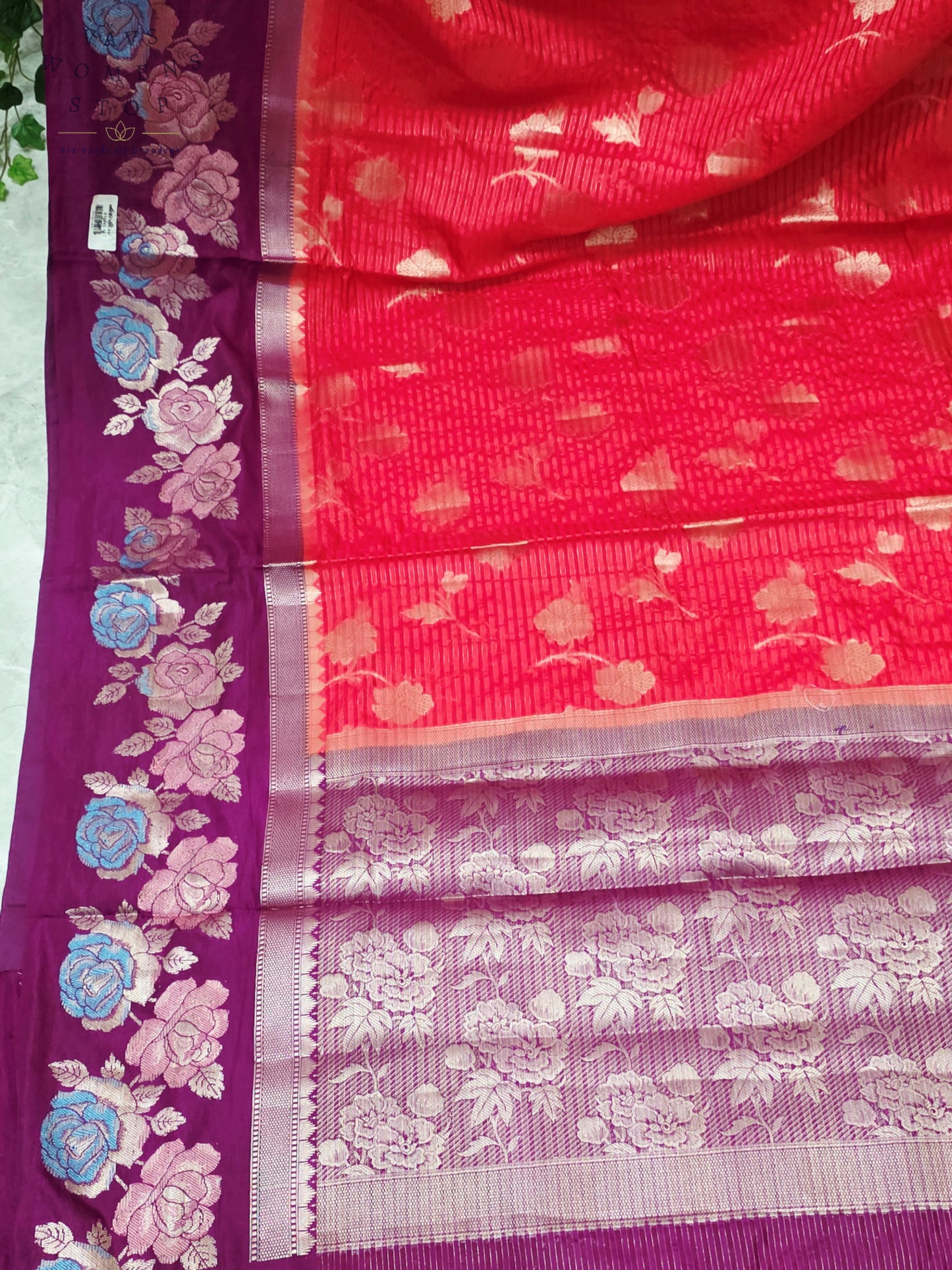 Royal Fuchsia Pink & Imperial Orchid Purple Semi Warm Banarasi Saree with Floral Woven Border & Unstitched Blouse Piece