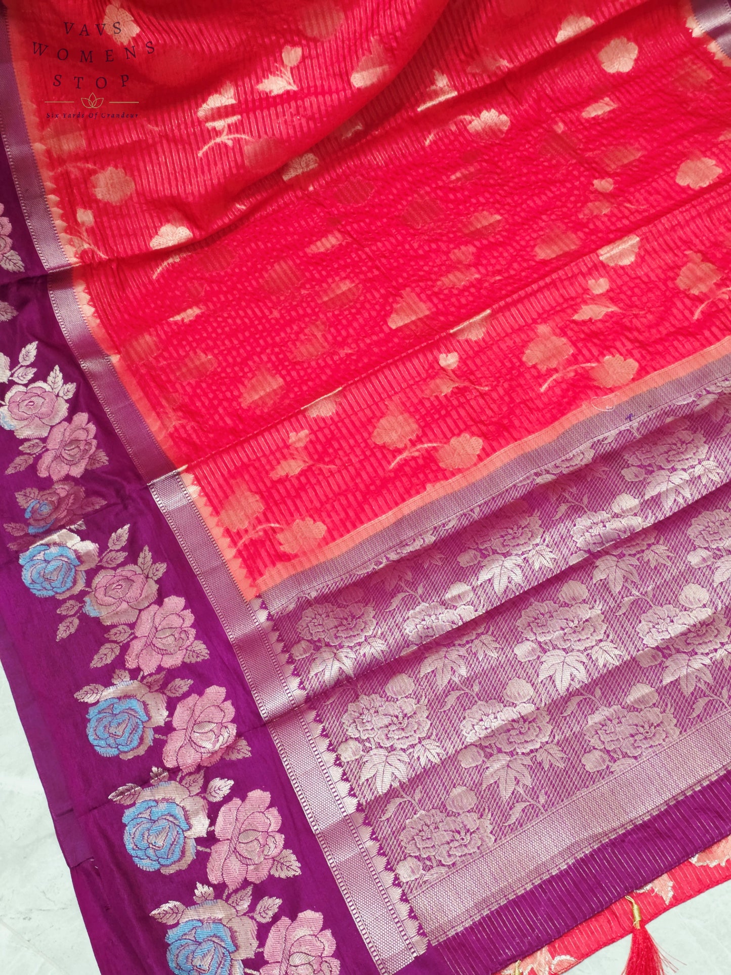 Royal Fuchsia Pink & Imperial Orchid Purple Semi Warm Banarasi Saree with Floral Woven Border & Unstitched Blouse Piece