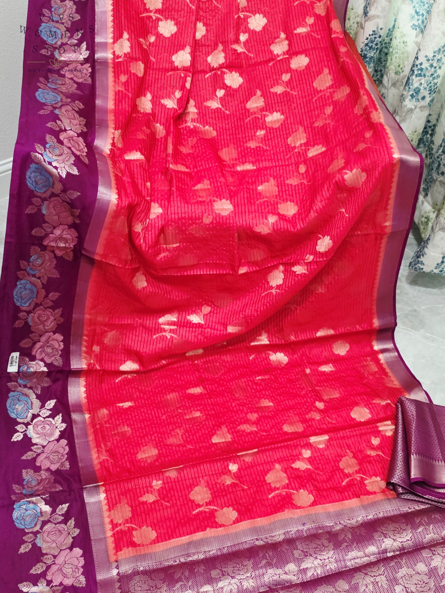 Royal Fuchsia Pink & Imperial Orchid Purple Semi Warm Banarasi Saree with Floral Woven Border & Unstitched Blouse Piece