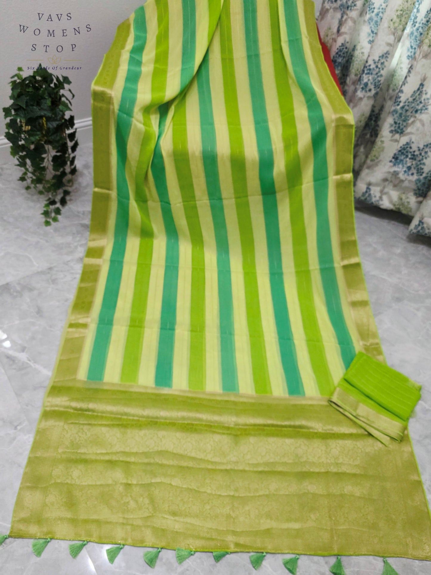 Royal Pistachio Lime & Aqua Mint Leheriya Stripes Falling Chiffon Saree with Unstitched Blouse Piece