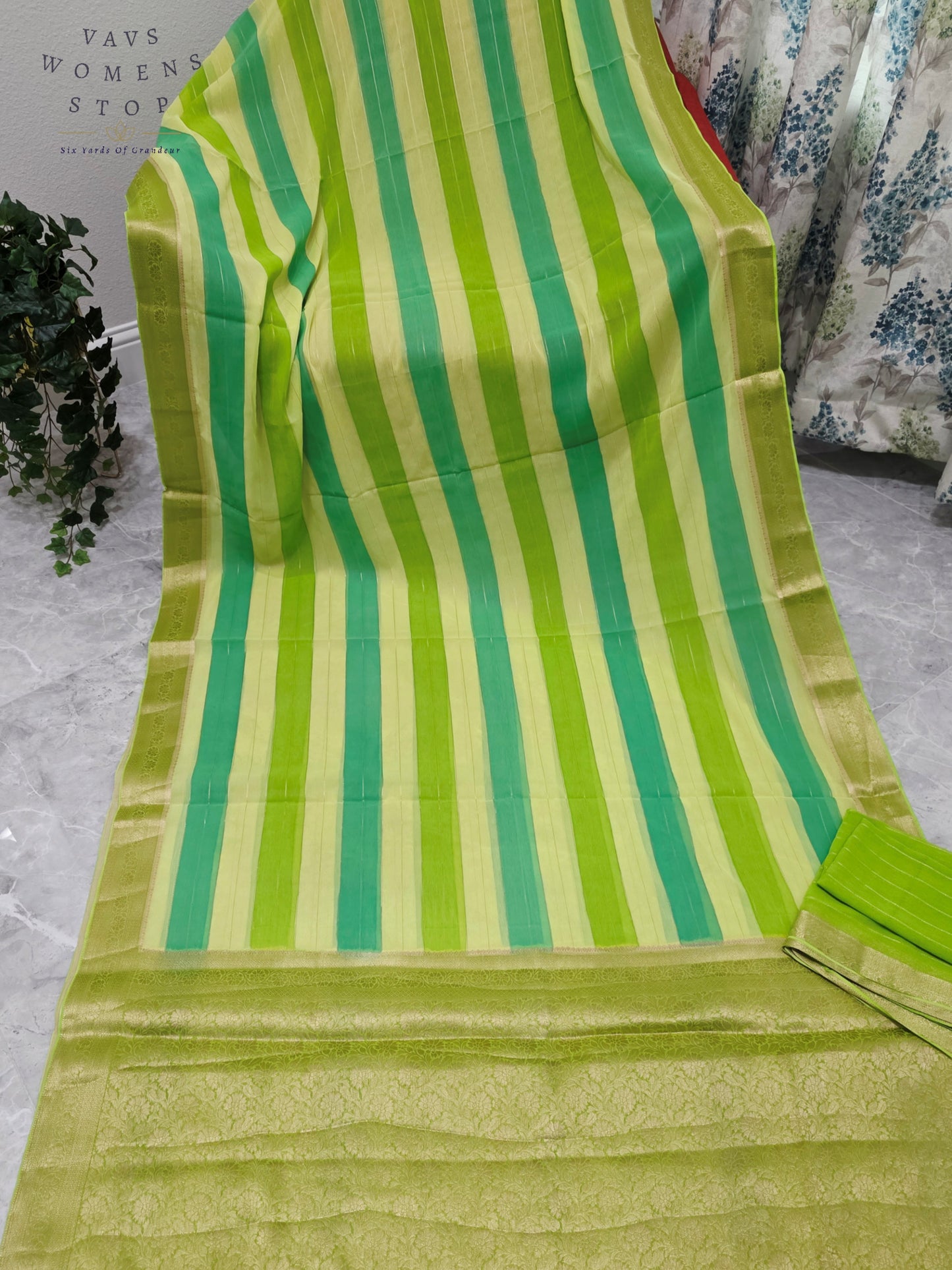 Royal Pistachio Lime & Aqua Mint Leheriya Stripes Falling Chiffon Saree with Unstitched Blouse Piece