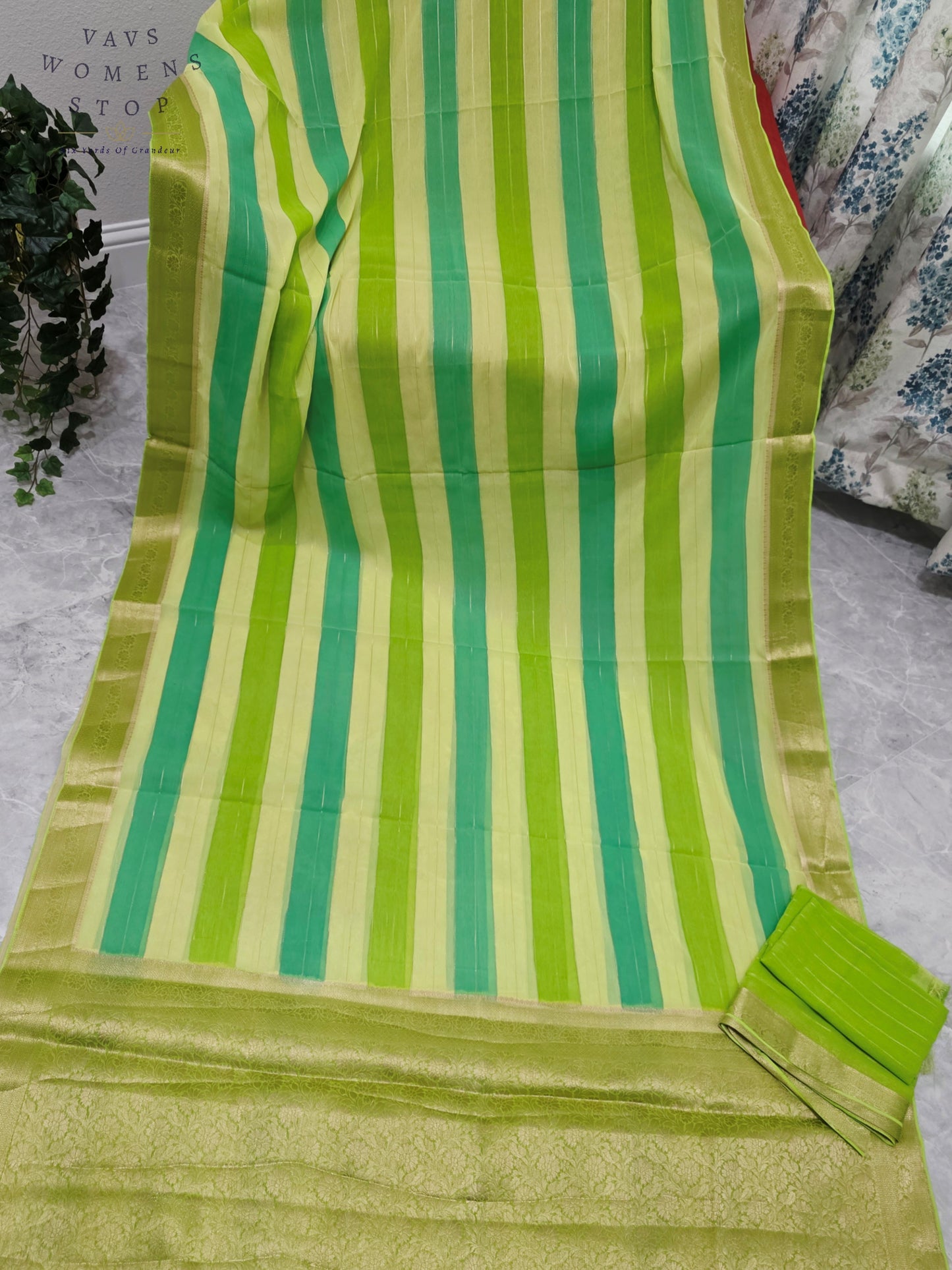 Royal Pistachio Lime & Aqua Mint Leheriya Stripes Falling Chiffon Saree with Unstitched Blouse Piece